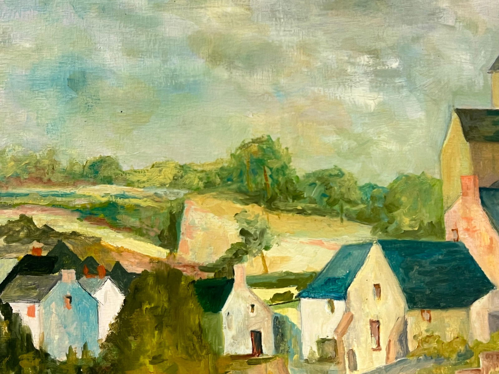 1950's Blue Roof Rustic Village Scene with a Central Church Countryside 1950's - 6