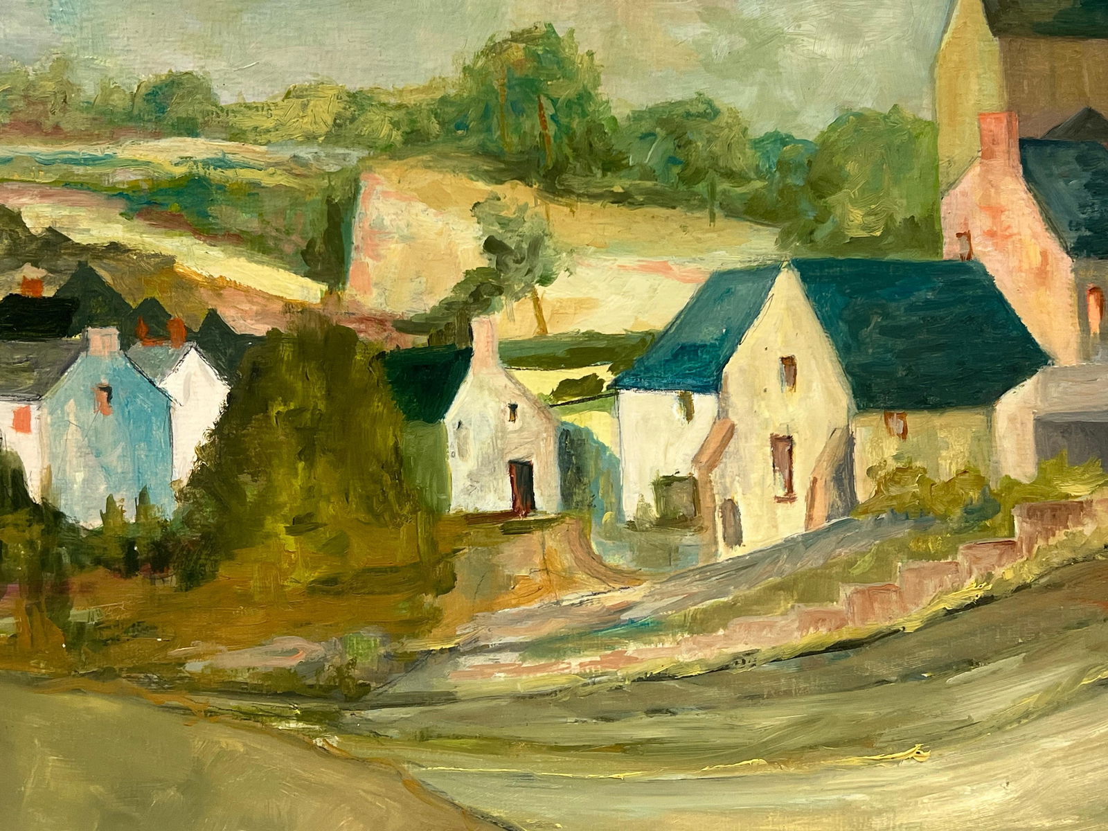 1950's Blue Roof Rustic Village Scene with a Central Church Countryside 1950's - 7