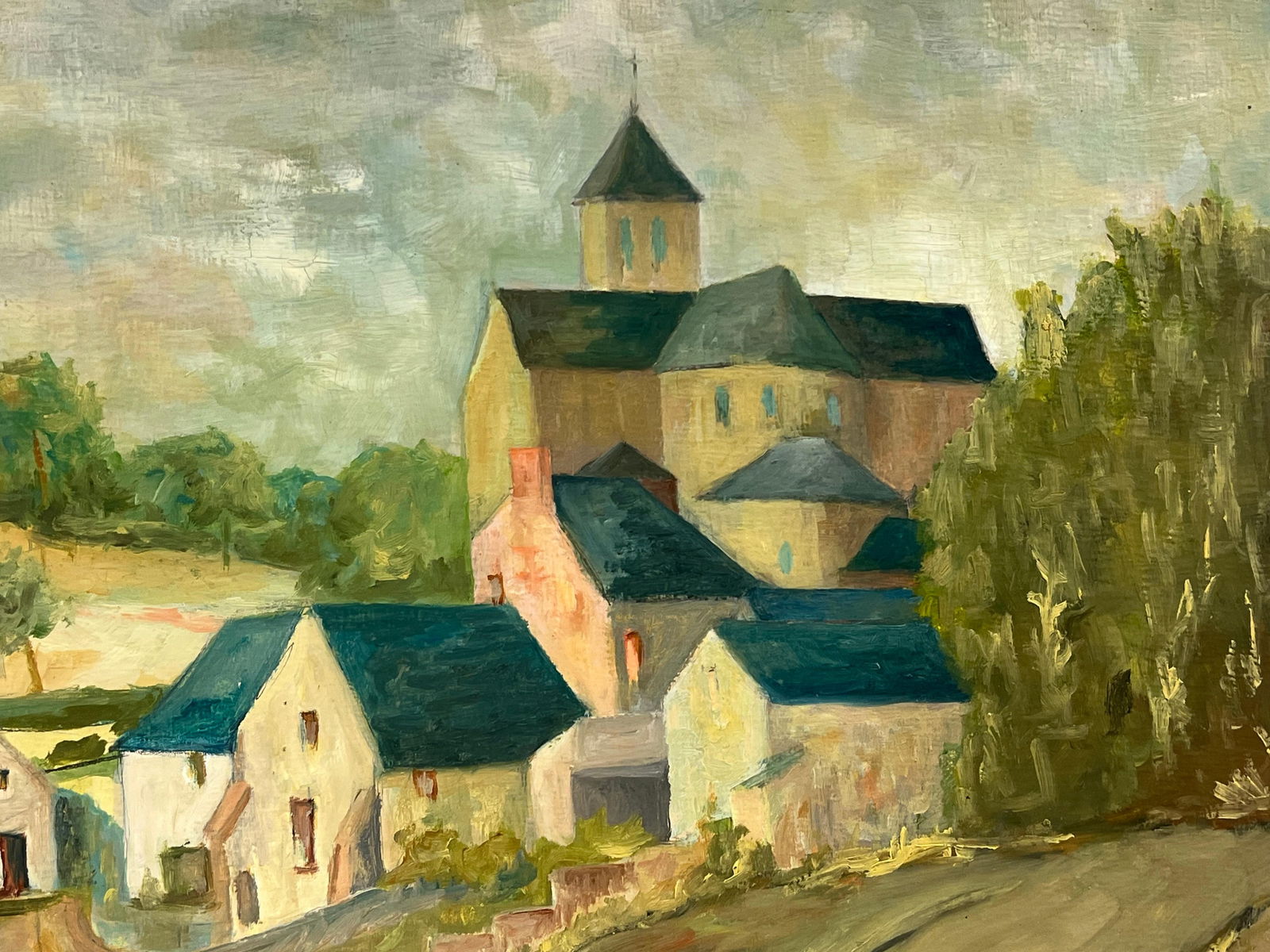 1950's Blue Roof Rustic Village Scene with a Central Church Countryside 1950's - 8