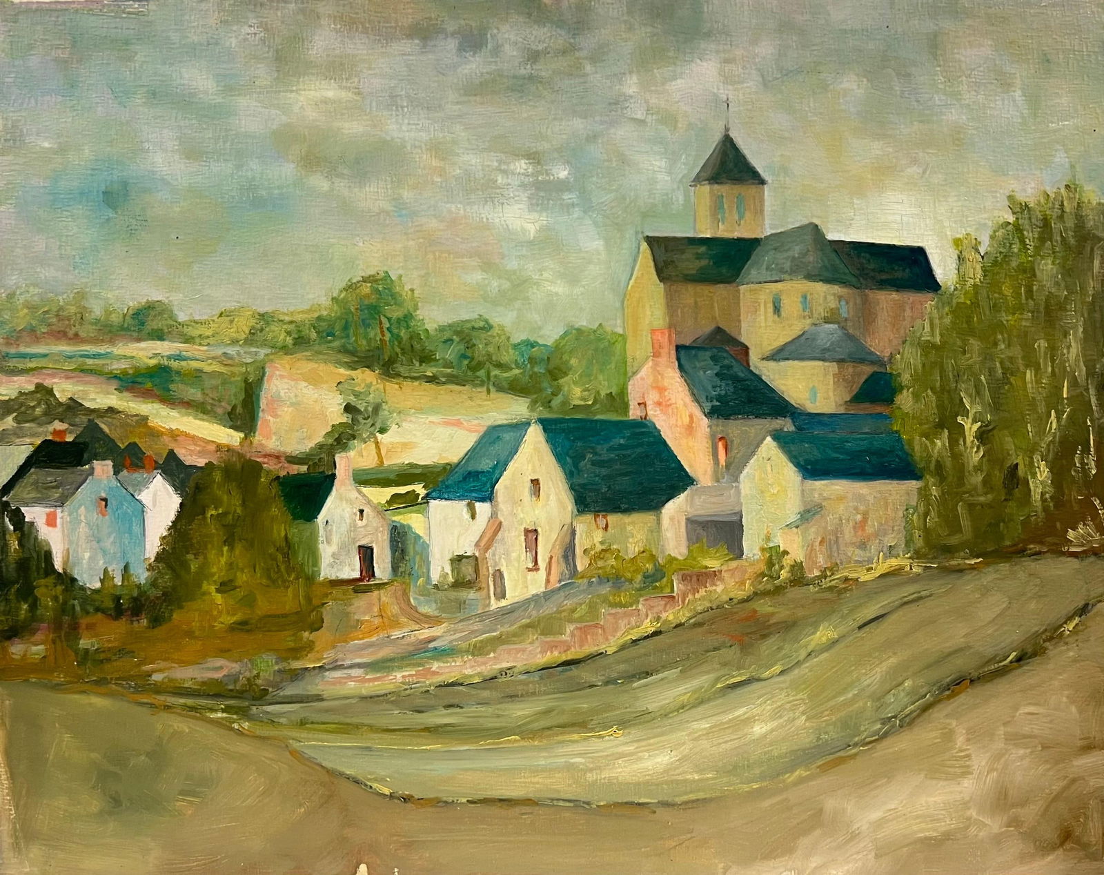 1950's Blue Roof Rustic Village Scene with a Central Church Countryside 1950's - 10