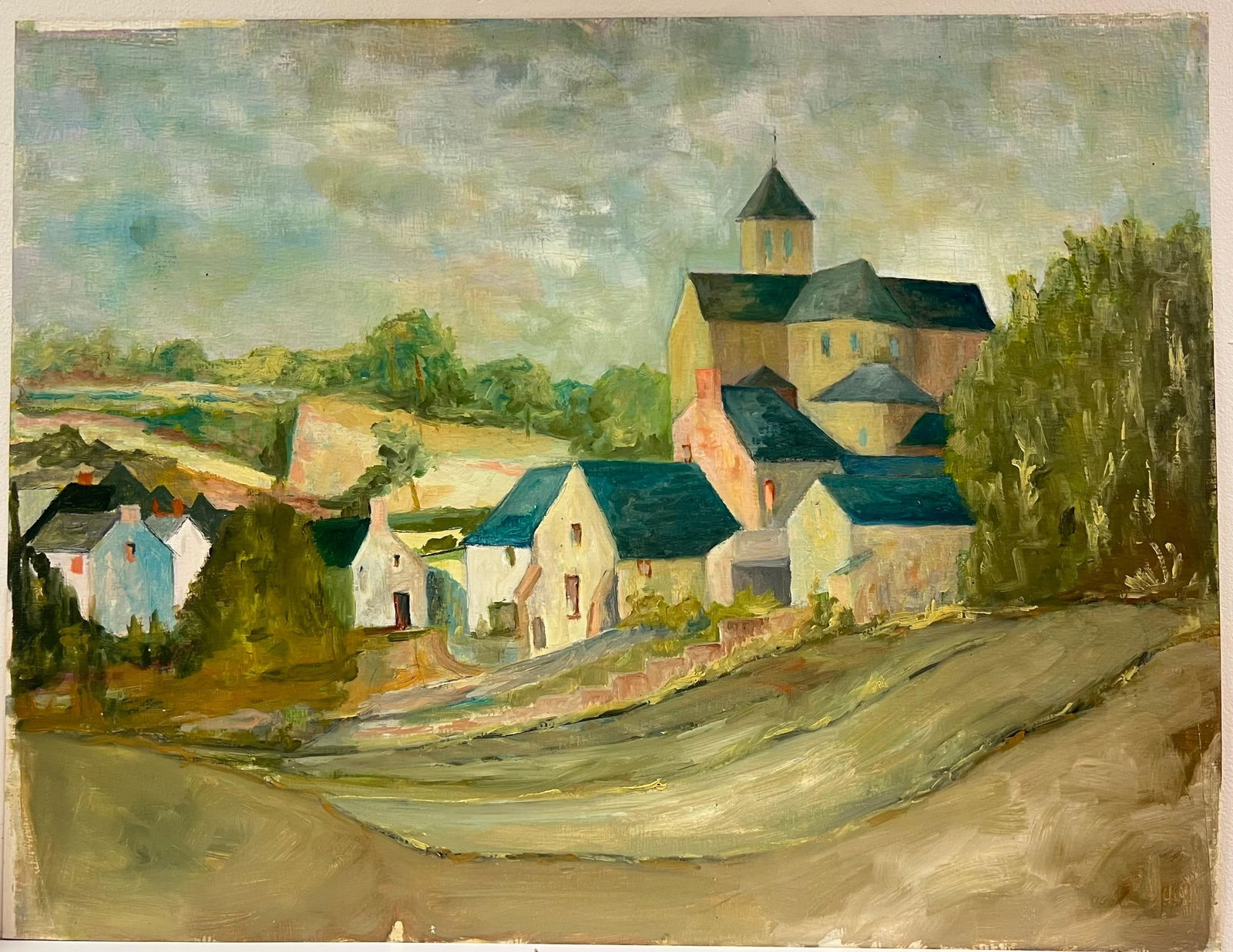 1950's Blue Roof Rustic Village Scene with a Central Church Countryside 1950's - 4