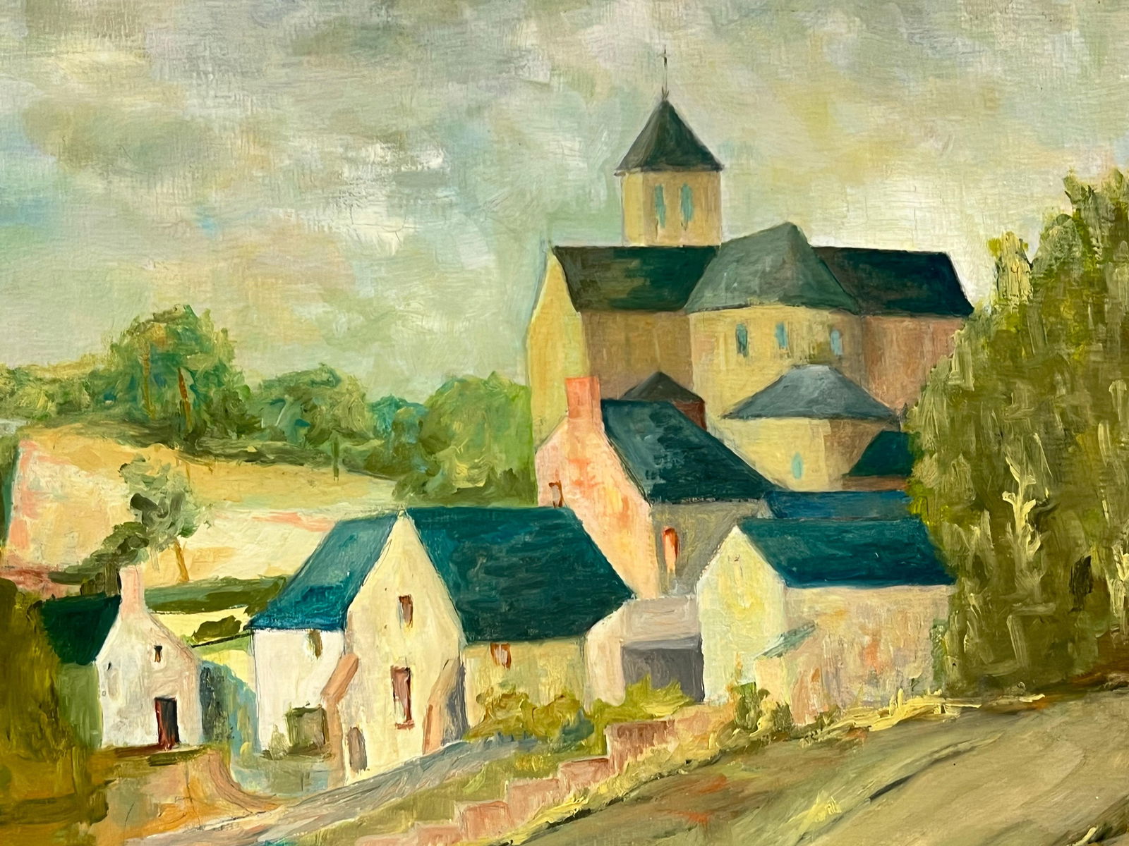 1950's Blue Roof Rustic Village Scene with a Central Church Countryside 1950's - 5