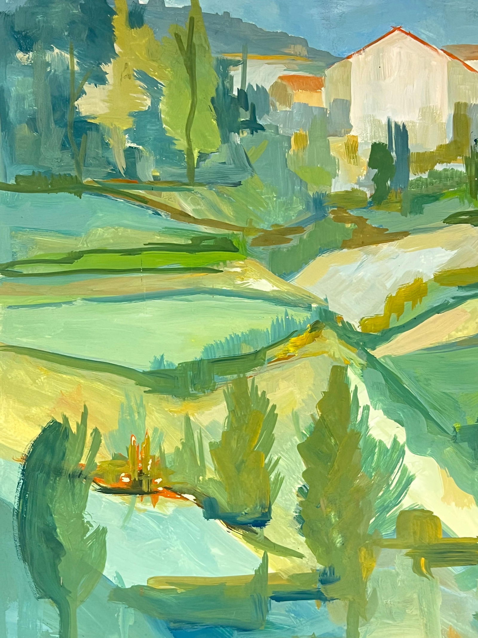 1950's Bright Green and Blue Landscape of Hills and Fields French Oil 1950's - 6