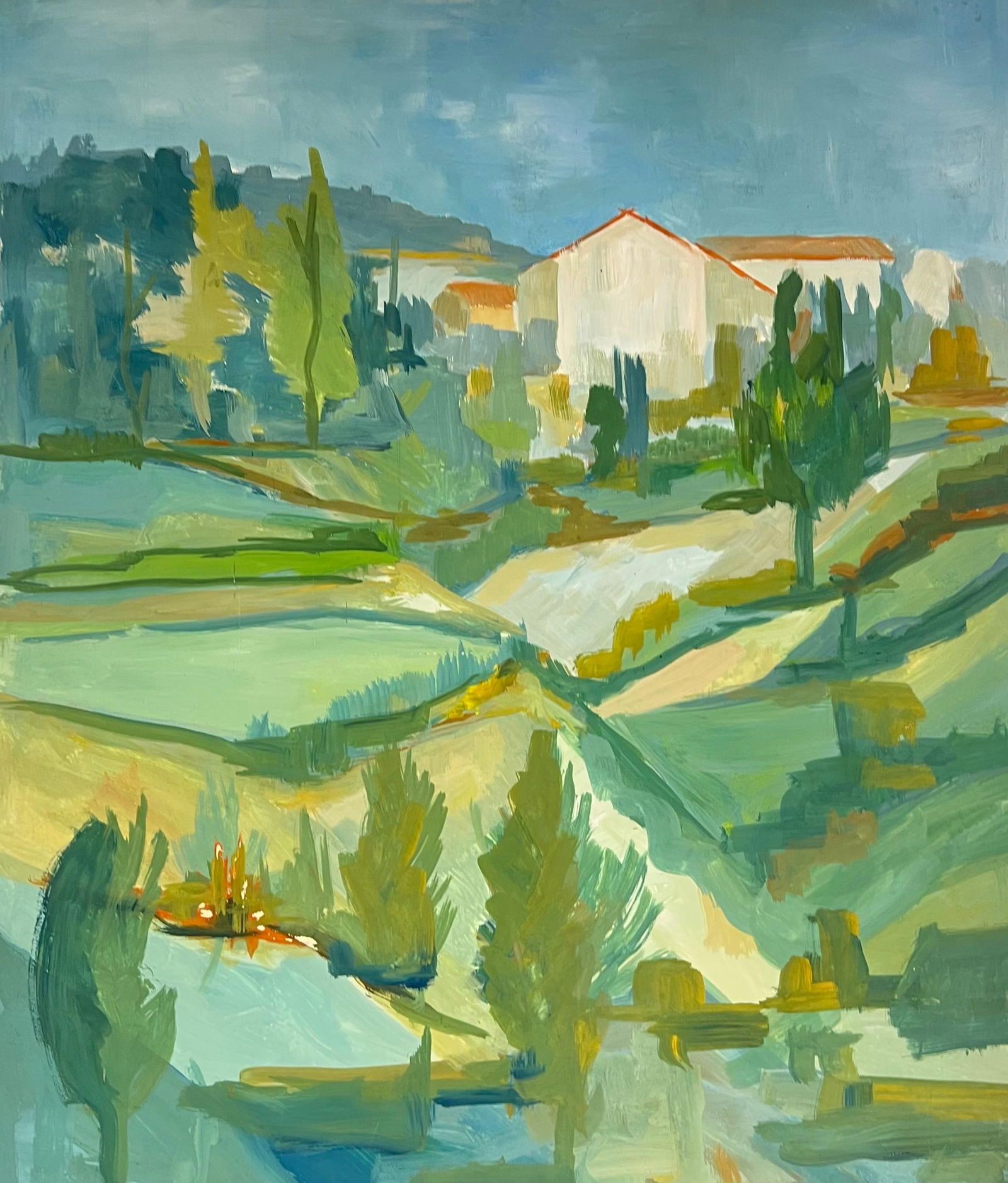 1950's Bright Green and Blue Landscape of Hills and Fields French Oil 1950's - 9