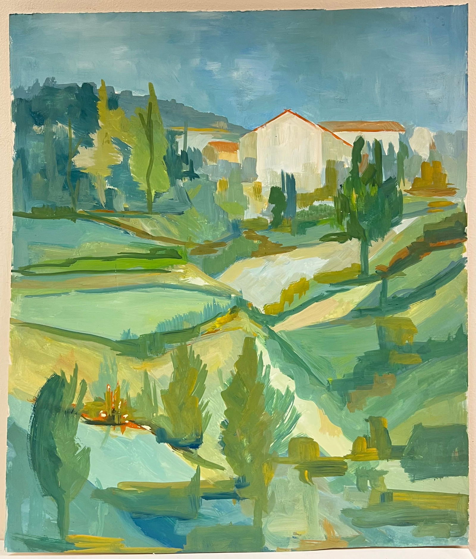 1950's Bright Green and Blue Landscape of Hills and Fields French Oil 1950's - 10