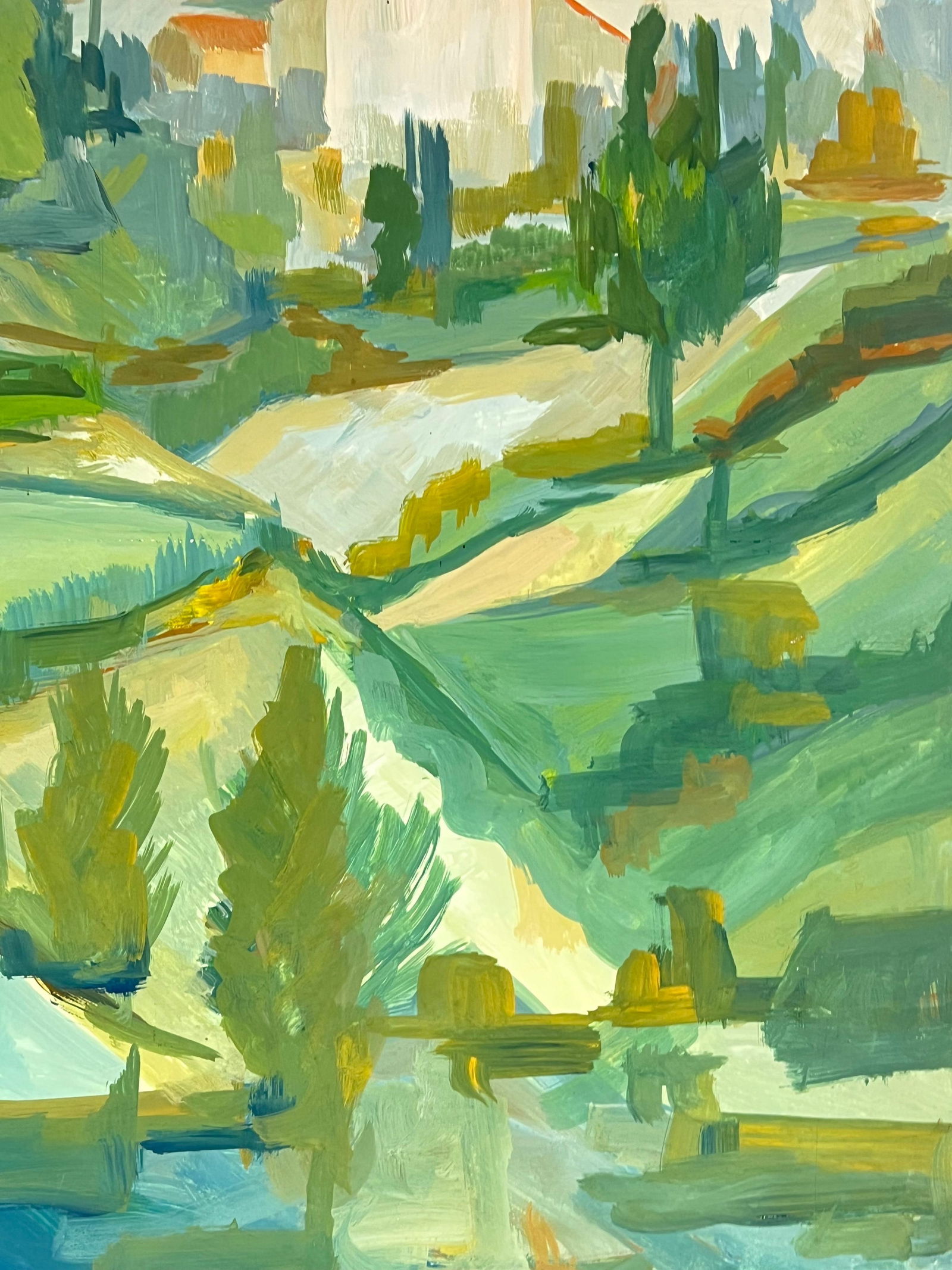 1950's Bright Green and Blue Landscape of Hills and Fields French Oil 1950's - 13