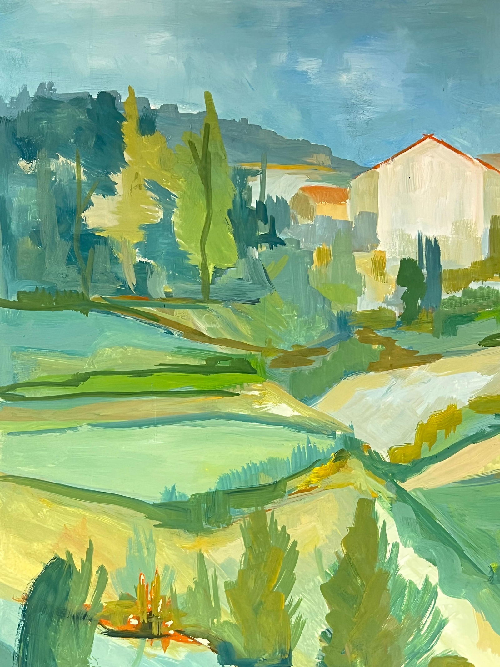 1950's Bright Green and Blue Landscape of Hills and Fields French Oil 1950's - 5