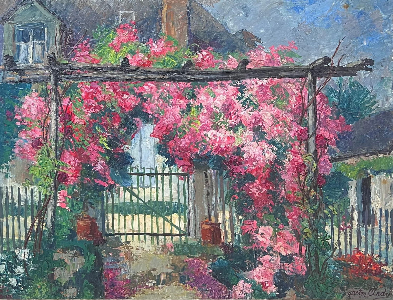 1950's Colorful French Impressionist Flower Garden Archway Signed Impressionist 1950's - 6