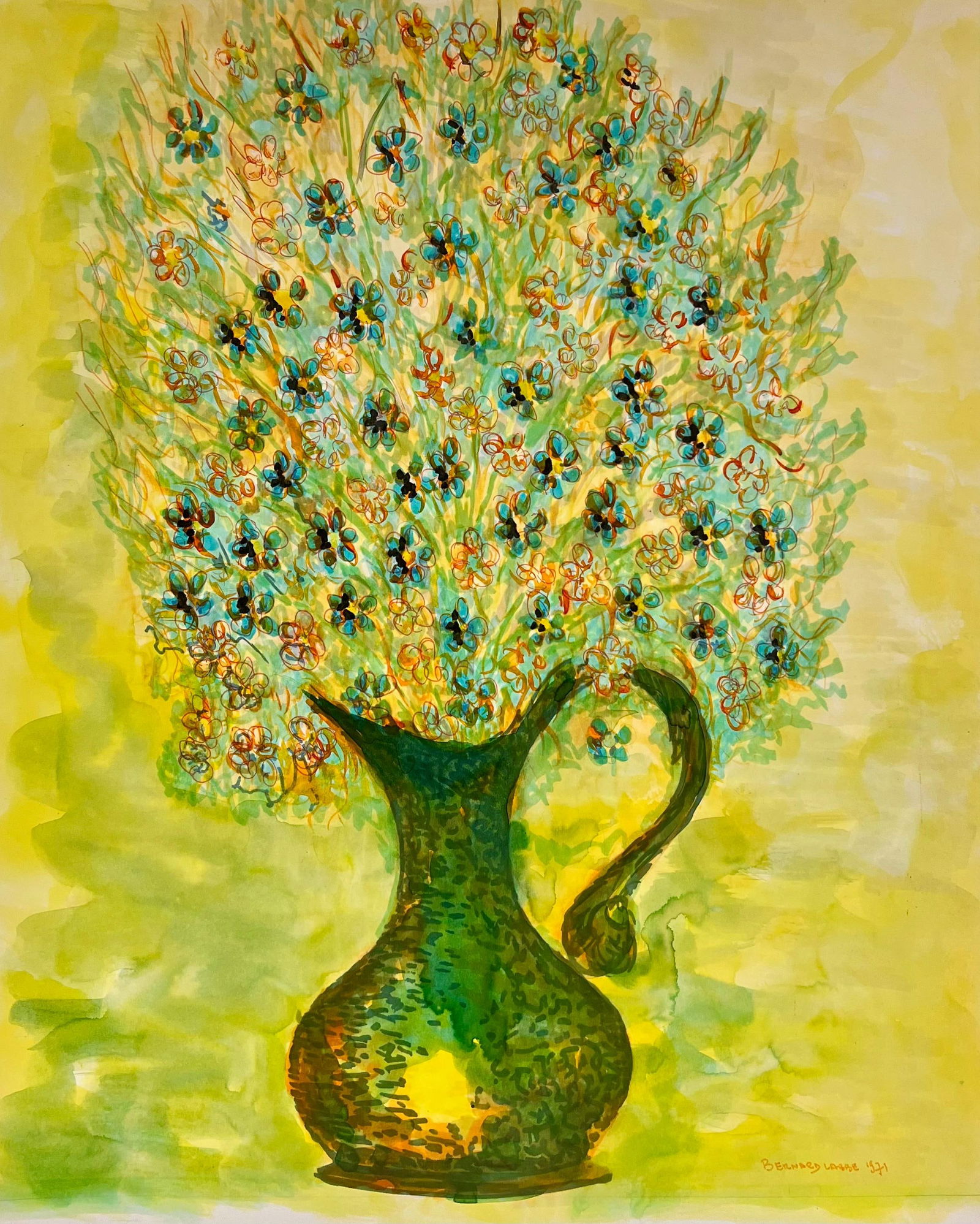 1950's Colorful Wildflowers in a Copper Vase in Yellow Interior Still Life 1971 (1 of 13)