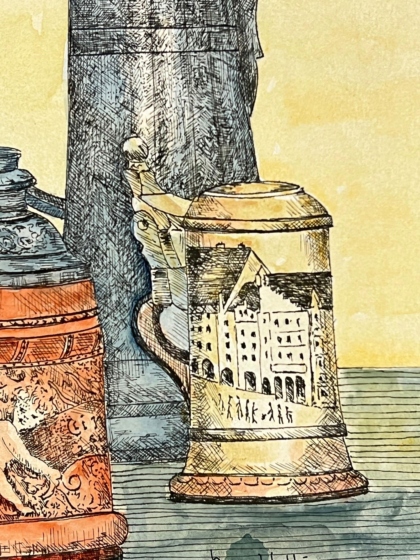 1950's Detailed Watercolor Still Life Featuring Ornate Tankards Painting 1950's - 6