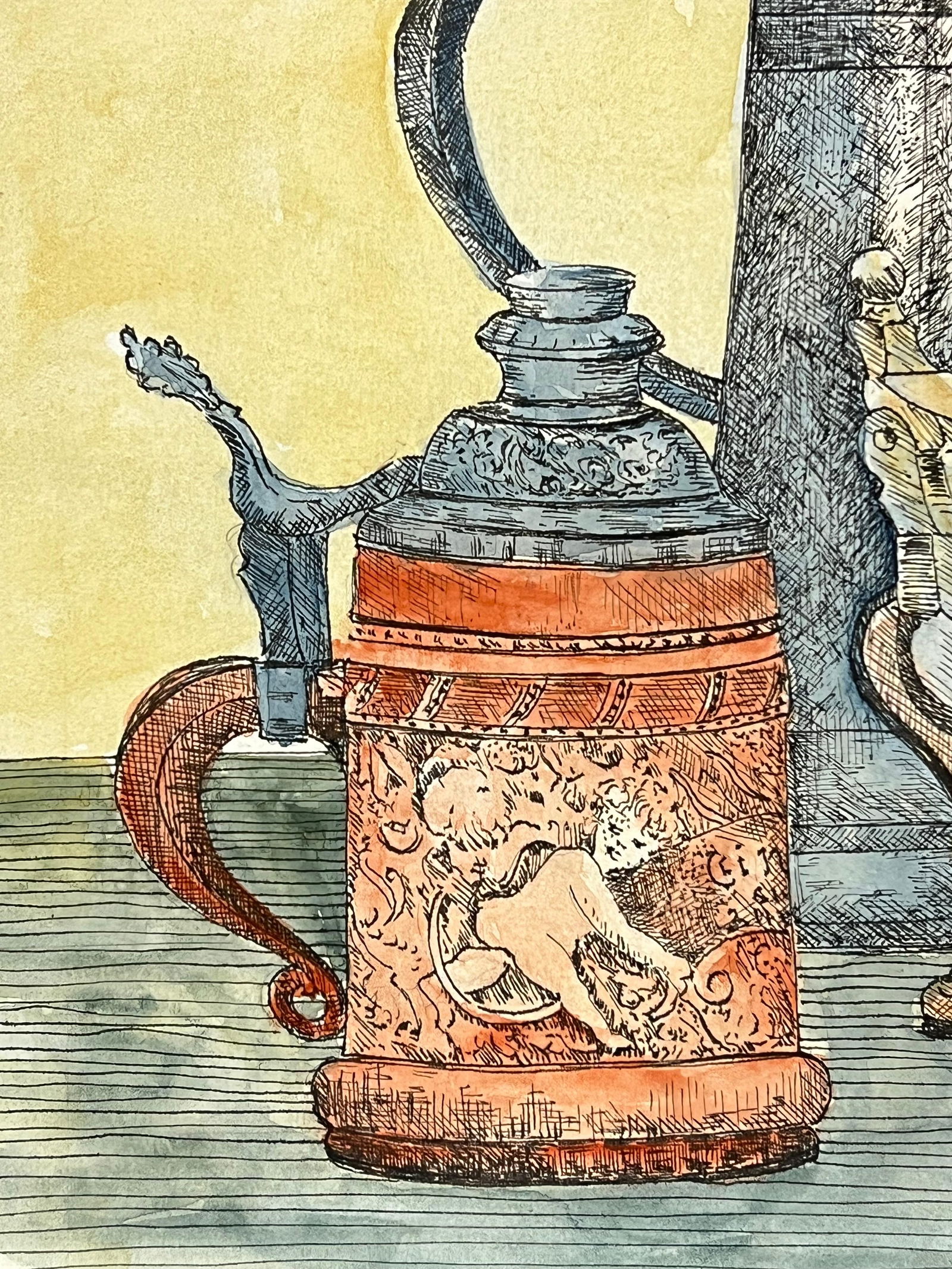 1950's Detailed Watercolor Still Life Featuring Ornate Tankards Painting 1950's - 7