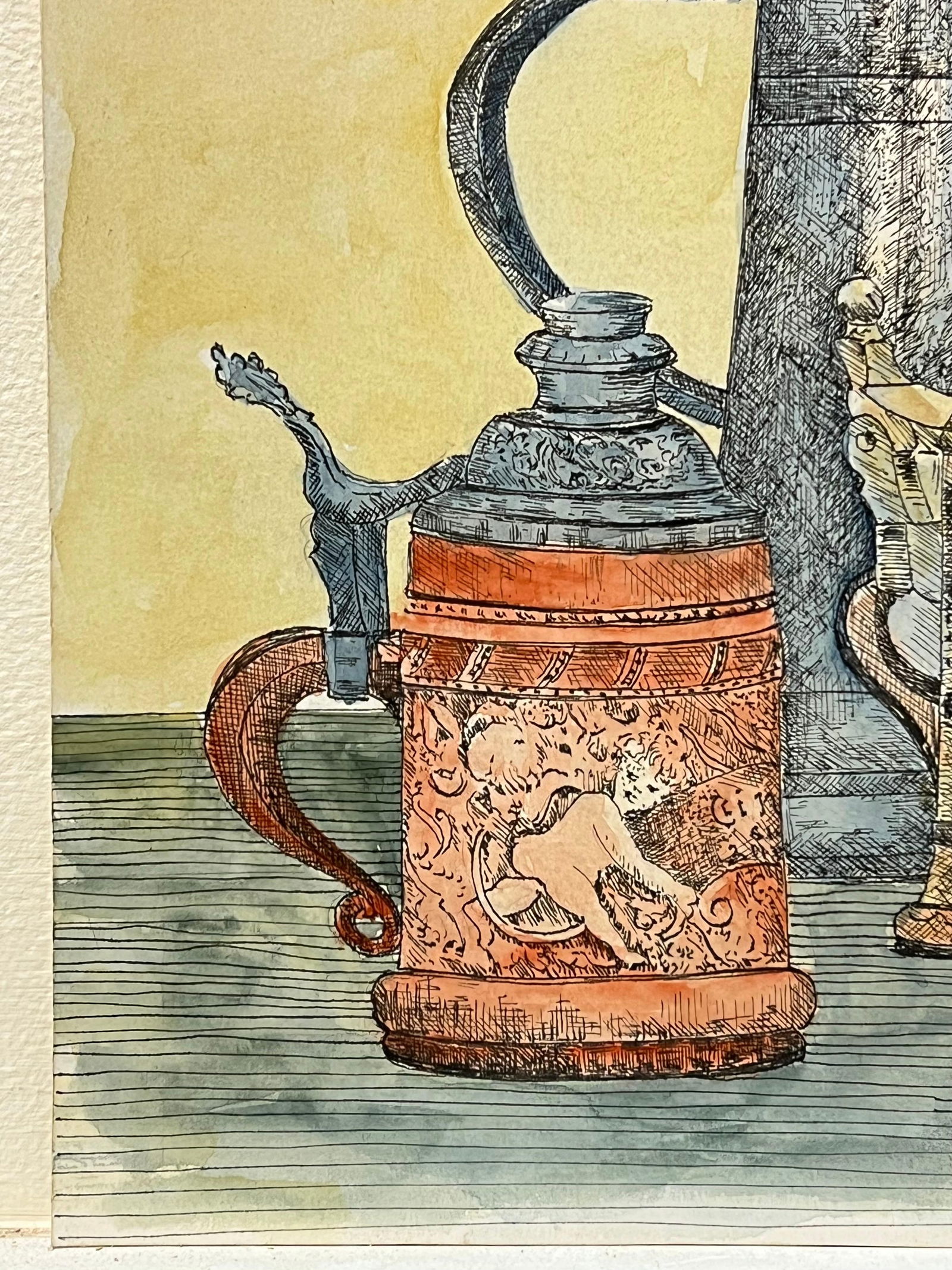 1950's Detailed Watercolor Still Life Featuring Ornate Tankards Painting 1950's - 8