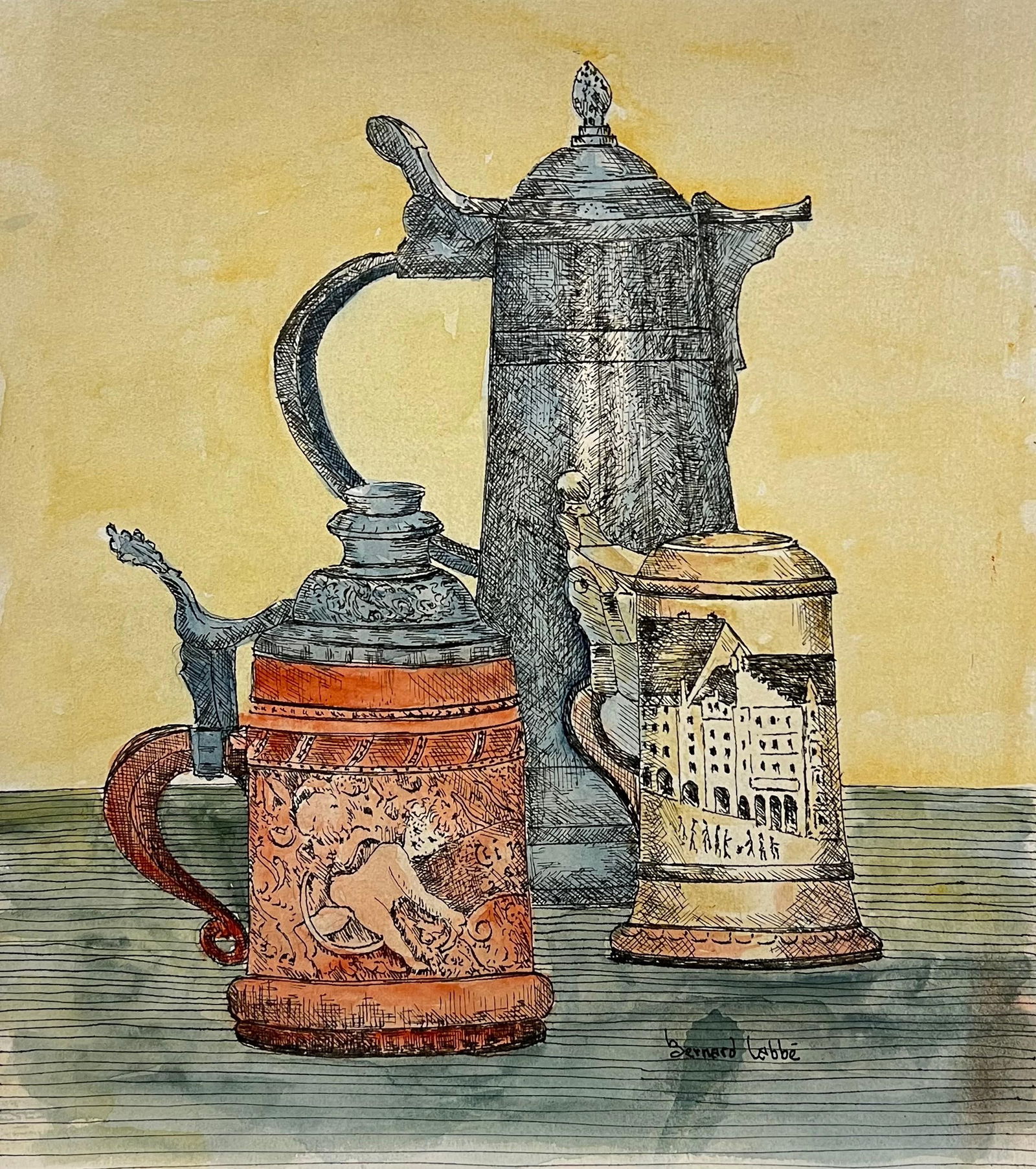 1950's Detailed Watercolor Still Life Featuring Ornate Tankards Painting 1950's: Title: "1950's Detailed Watercolor Still Life Featuring Ornate Tankards Painting 1950's" Description: Still Life Watercolor signed by Bernard Labbe (French mid 20th century) original watercolor on thi