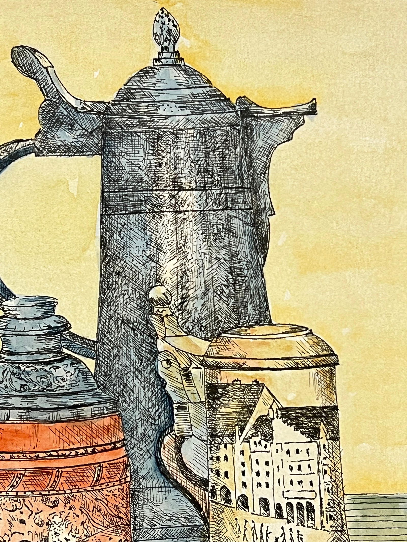 1950's Detailed Watercolor Still Life Featuring Ornate Tankards Painting 1950's - 13