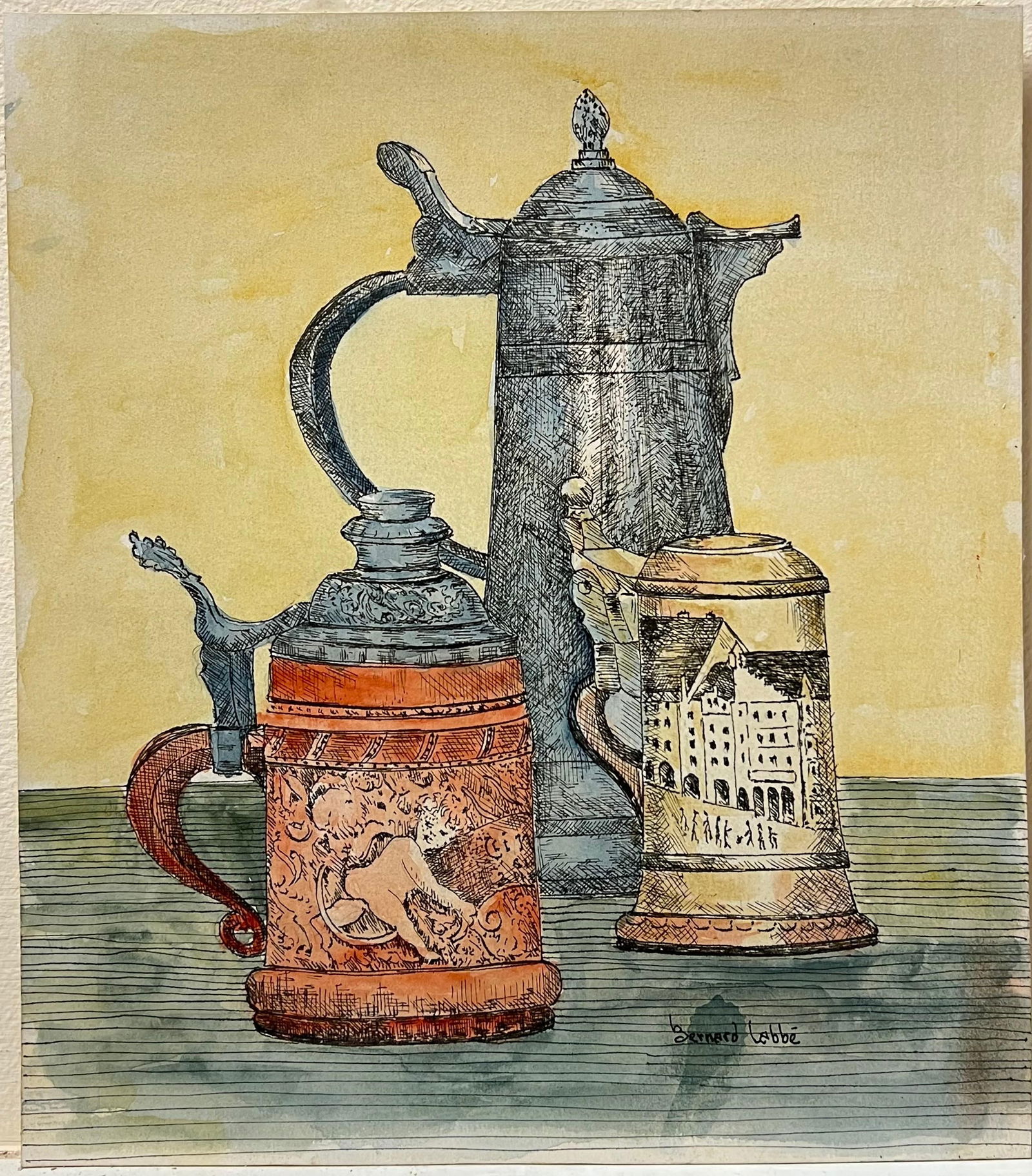 1950's Detailed Watercolor Still Life Featuring Ornate Tankards Painting 1950's - 4
