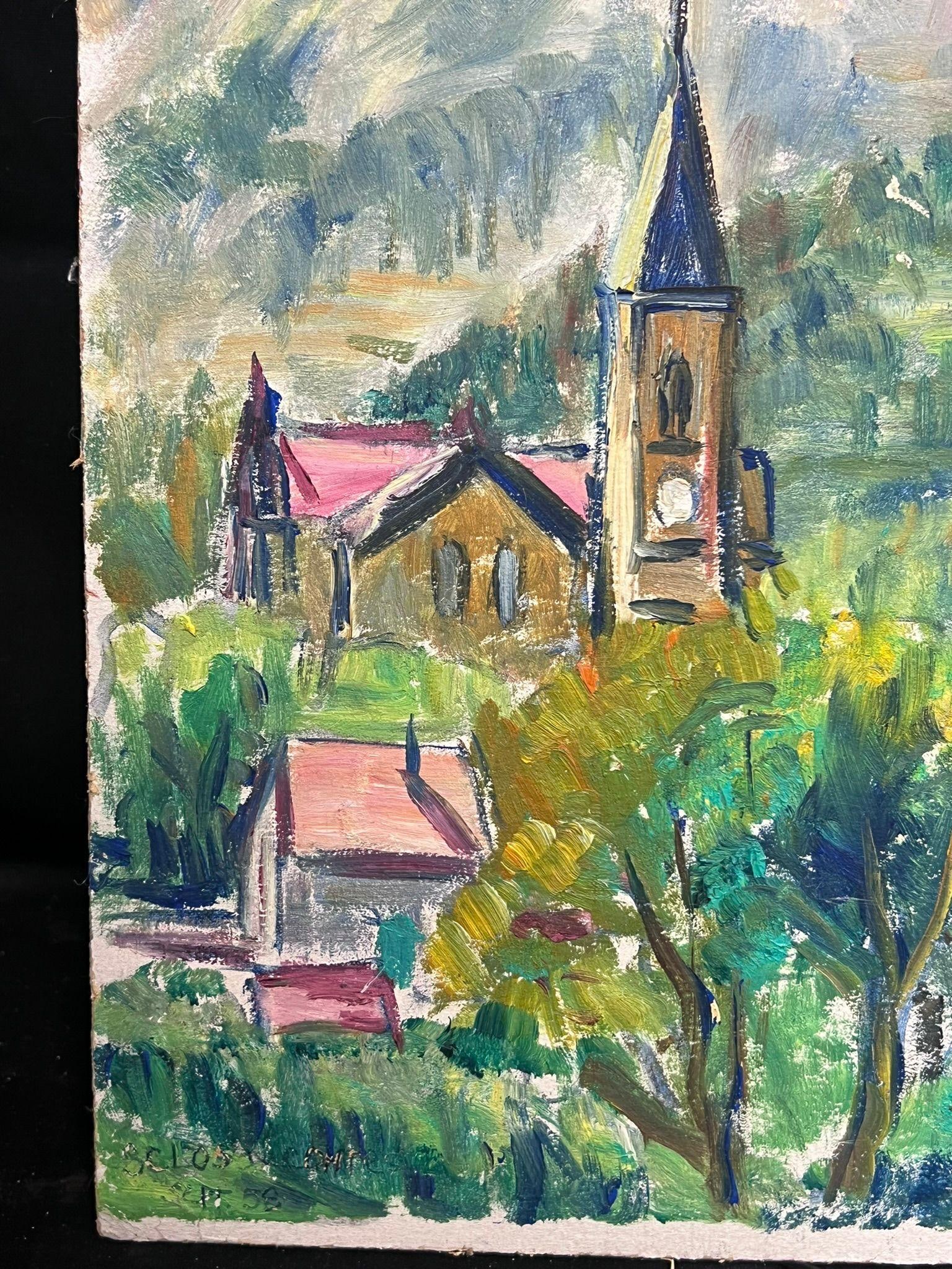 1950's French Bright Village Church Among the Hills Post-Impressionist Oil 1950's - 7