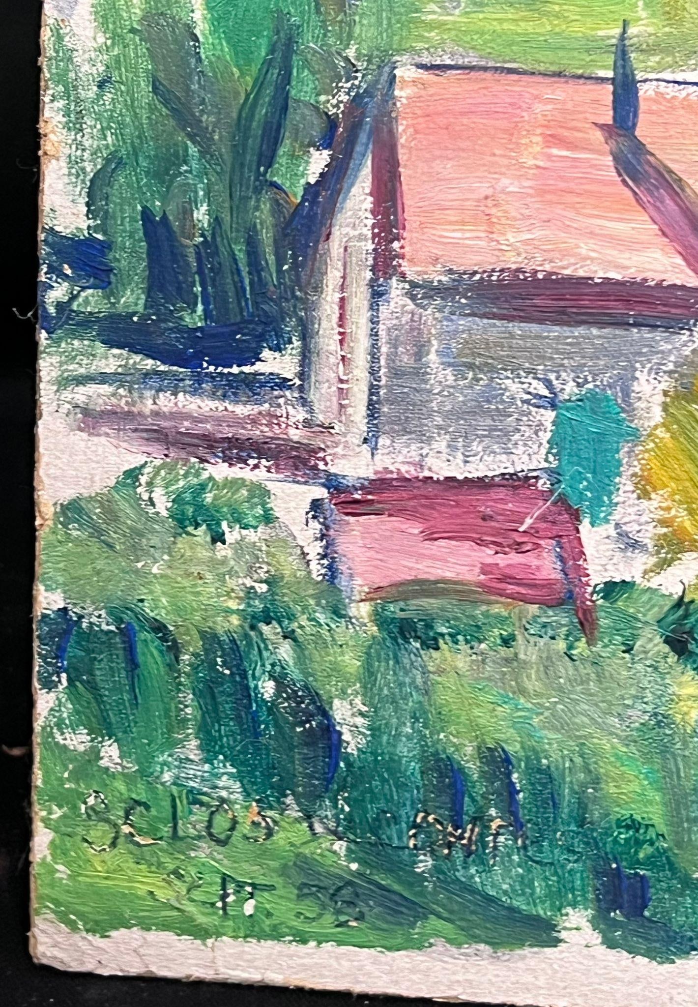 1950's French Bright Village Church Among the Hills Post-Impressionist Oil 1950's - 12