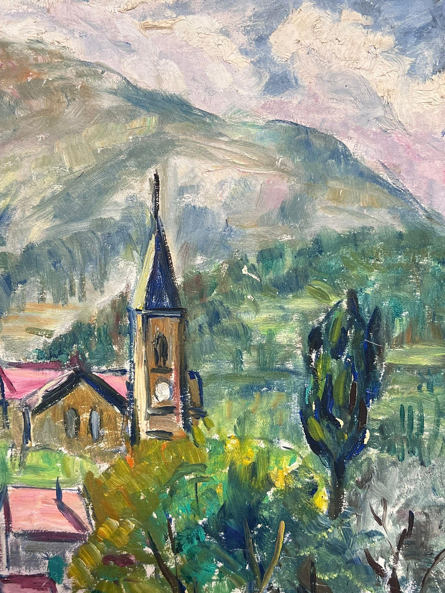 1950's French Bright Village Church Among the Hills Post-Impressionist Oil 1950's - 13