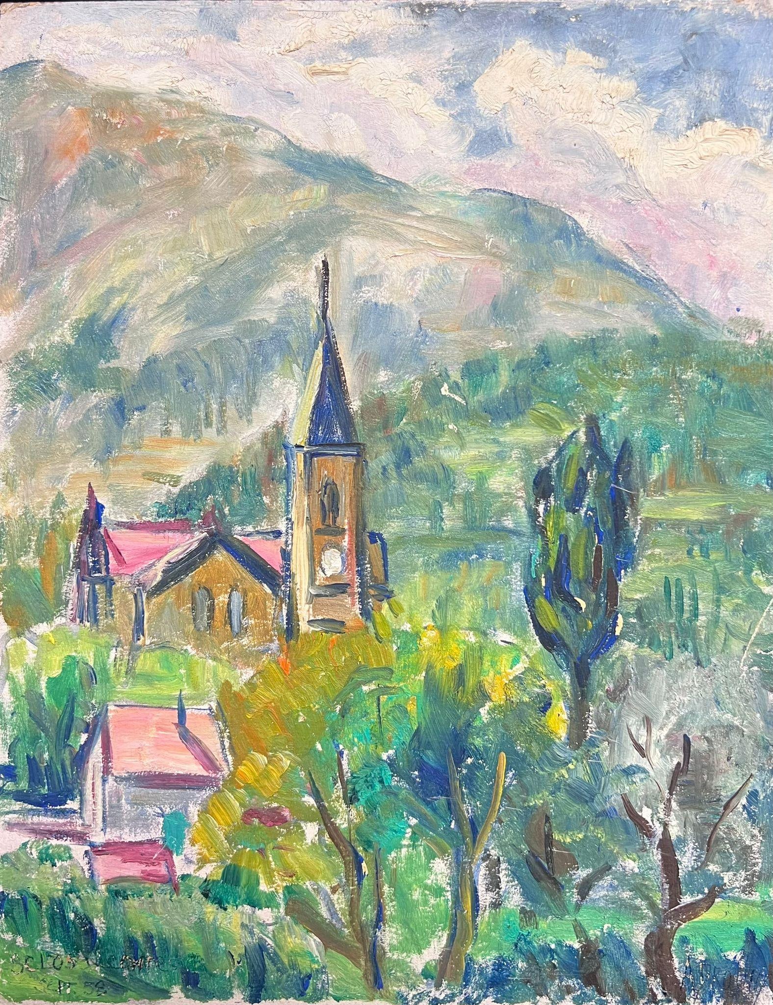 1950's French Bright Village Church Among the Hills Post-Impressionist Oil 1950's - 2