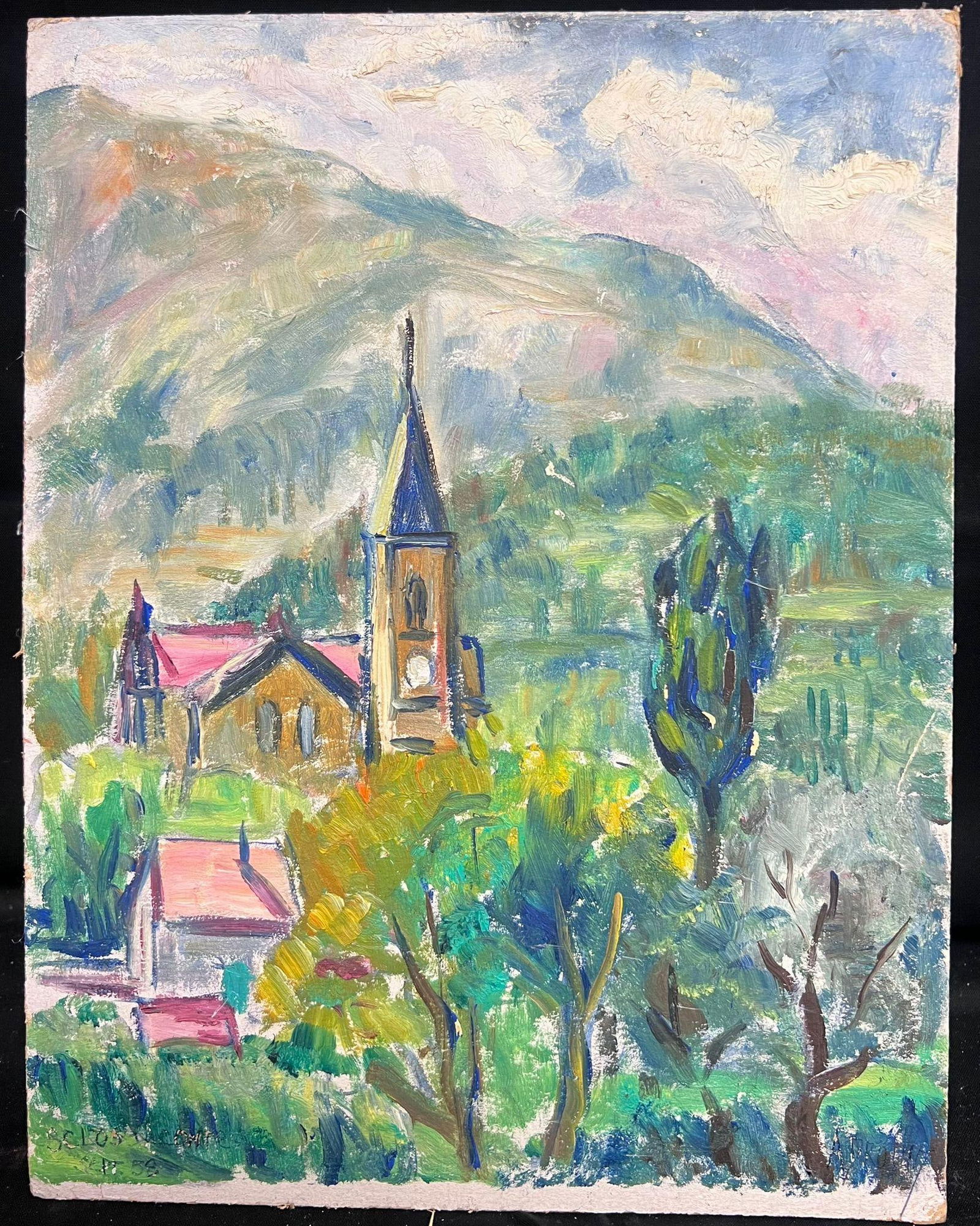 1950's French Bright Village Church Among the Hills Post-Impressionist Oil 1950's - 4