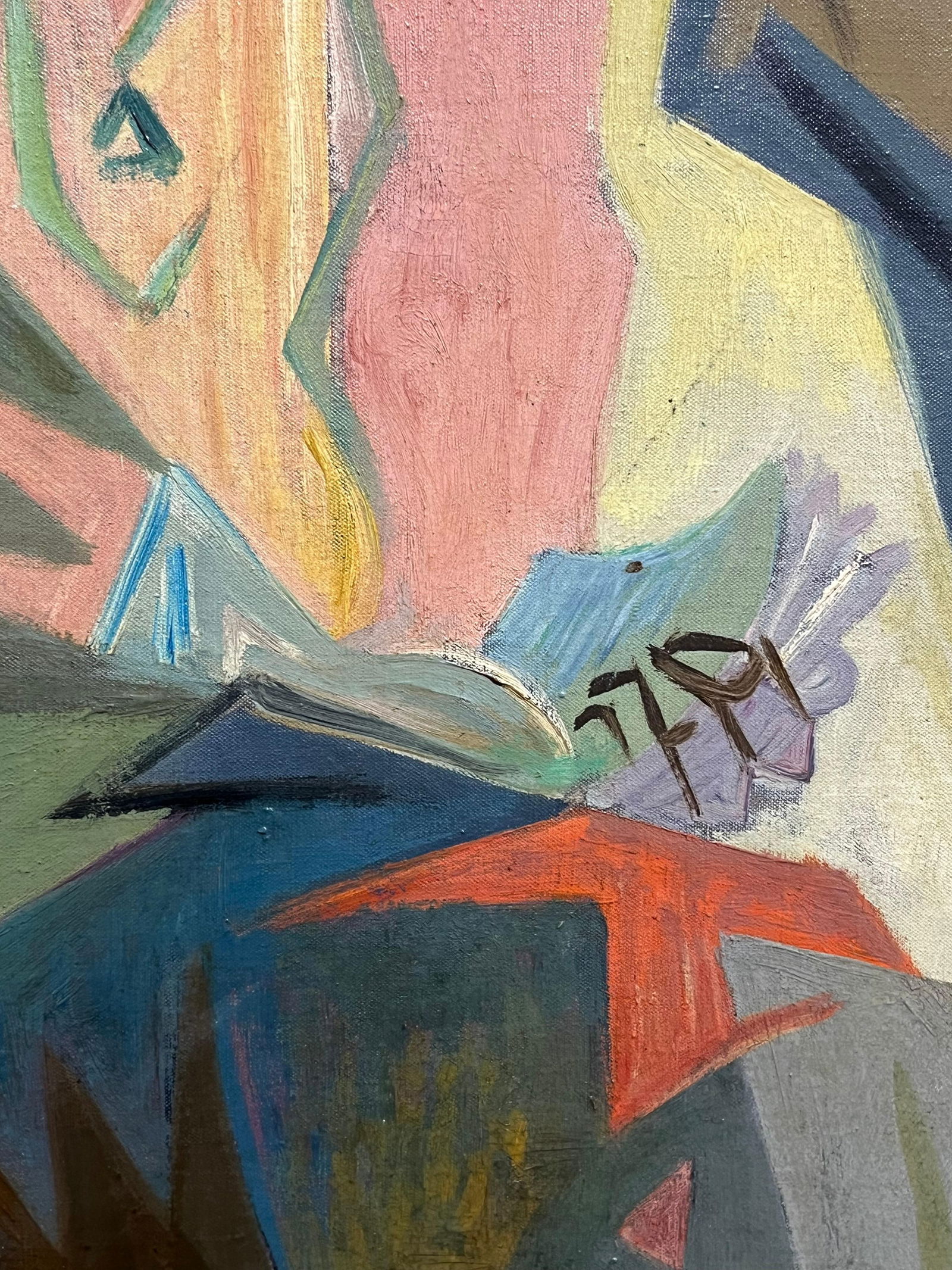 1950's French Cubist Signed Oil Portrait of Mysterious Blonde Lady Reading 1950's - 7