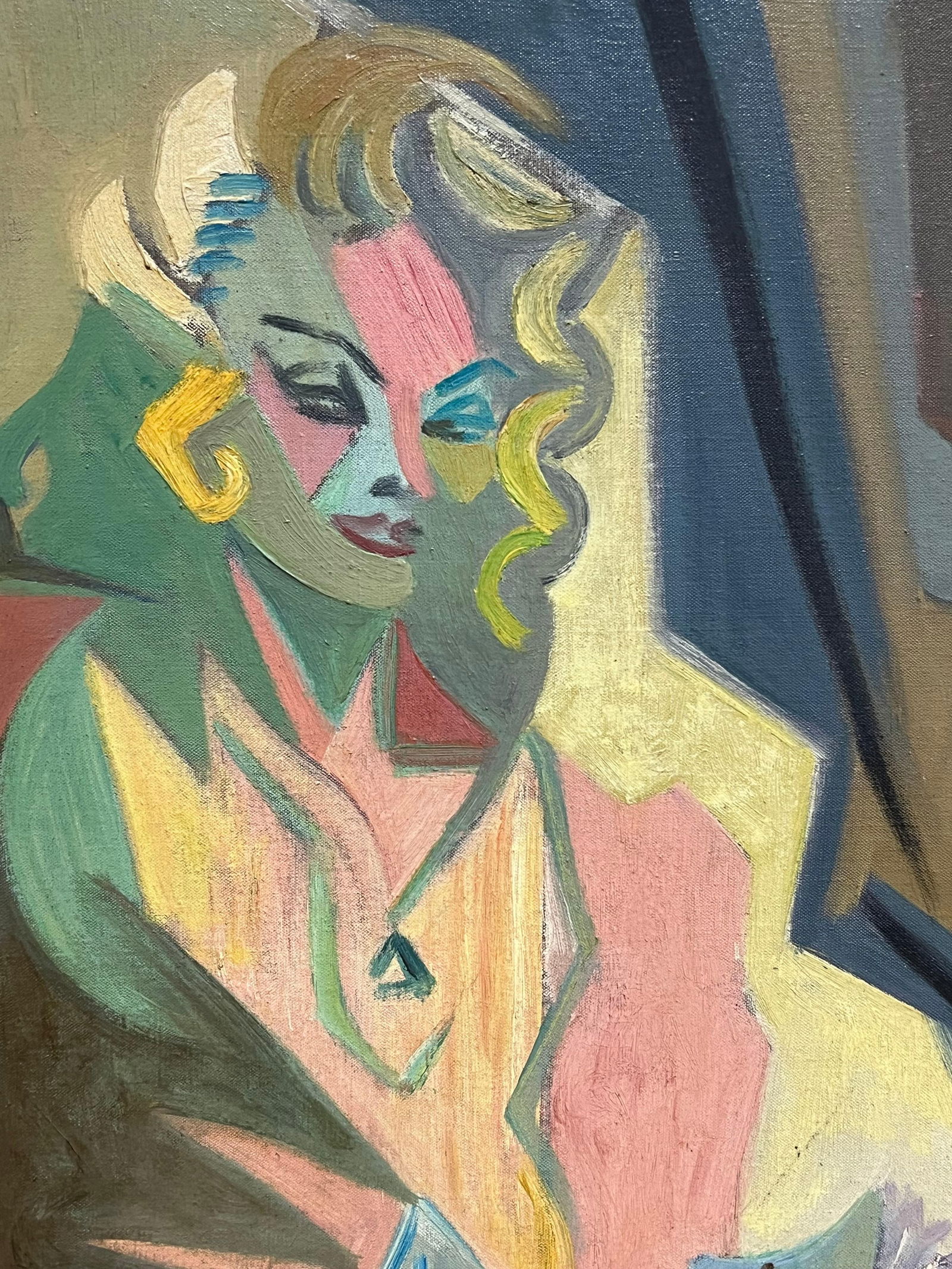 1950's French Cubist Signed Oil Portrait of Mysterious Blonde Lady Reading 1950's - 10