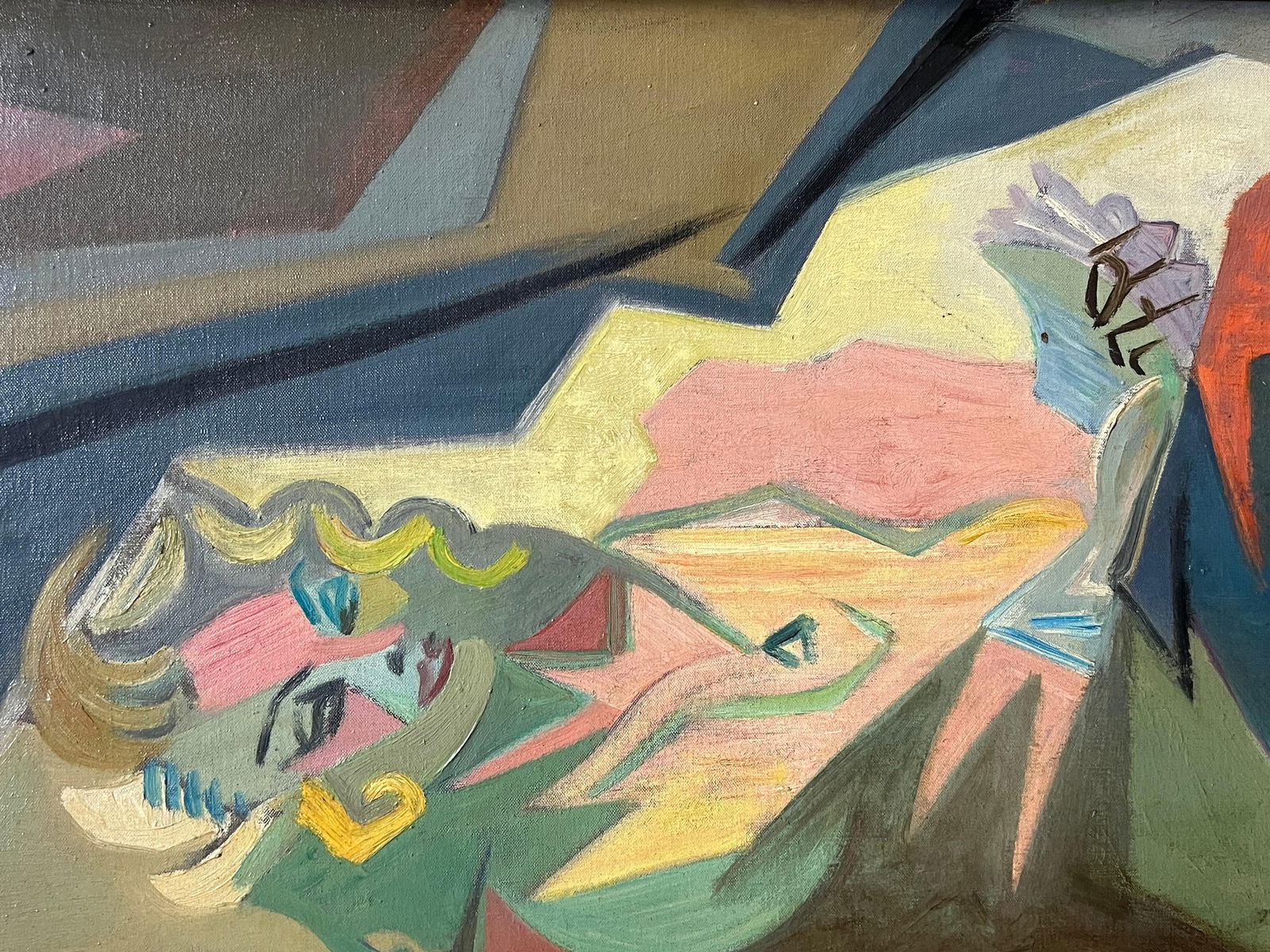 1950's French Cubist Signed Oil Portrait of Mysterious Blonde Lady Reading 1950's - 13