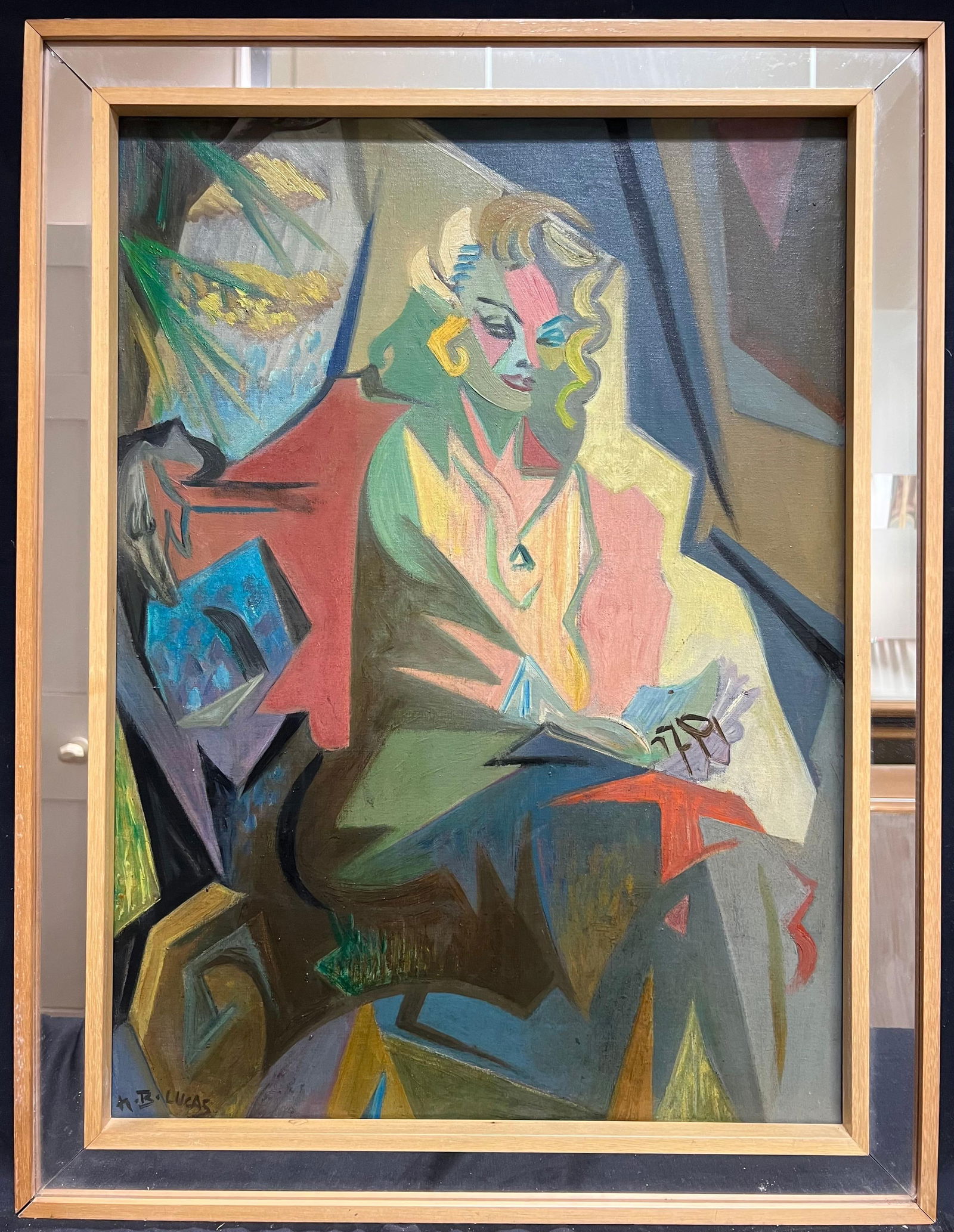 1950's French Cubist Signed Oil Portrait of Mysterious Blonde Lady Reading 1950's - 4