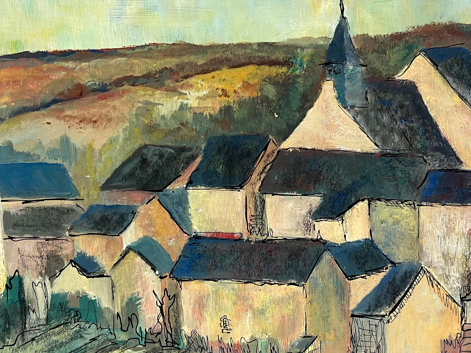 1950's French Enclosed Village with Central Steeple Oil Landscape 1950's - 6