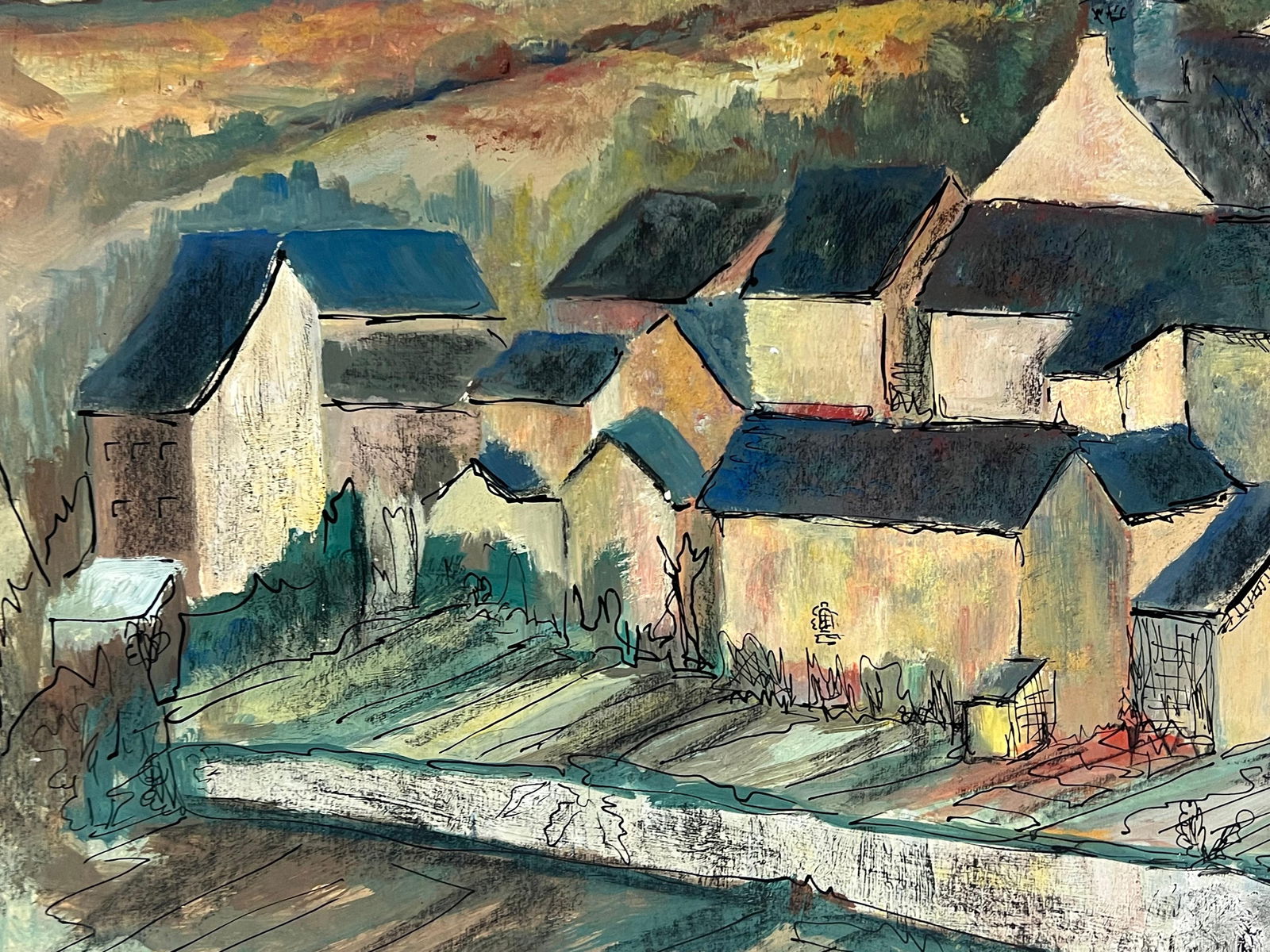 1950's French Enclosed Village with Central Steeple Oil Landscape 1950's - 8