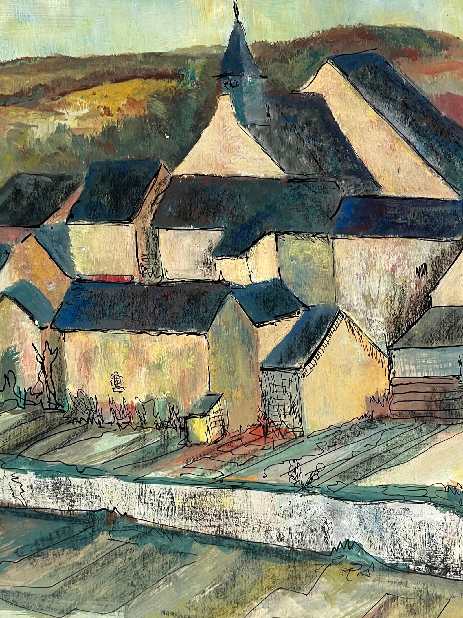 1950's French Enclosed Village with Central Steeple Oil Landscape 1950's - 9