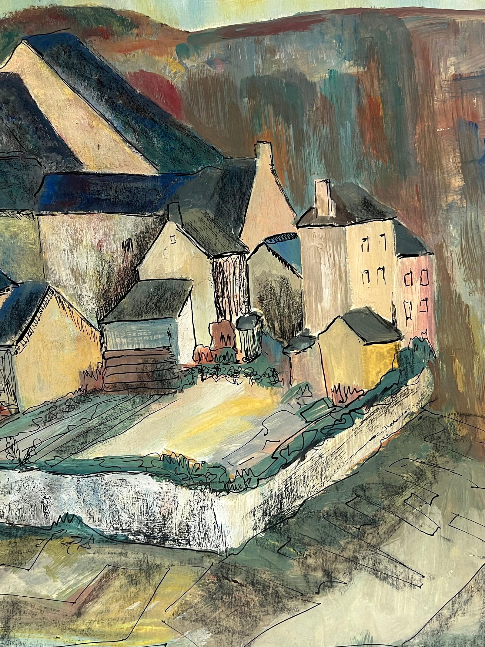1950's French Enclosed Village with Central Steeple Oil Landscape 1950's - 10