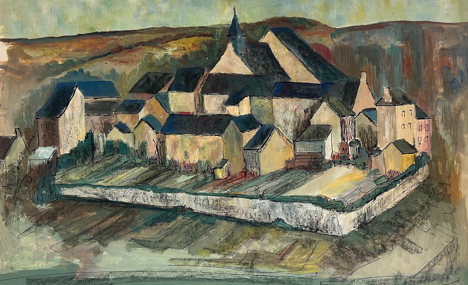 1950's French Enclosed Village with Central Steeple Oil Landscape 1950's - 12