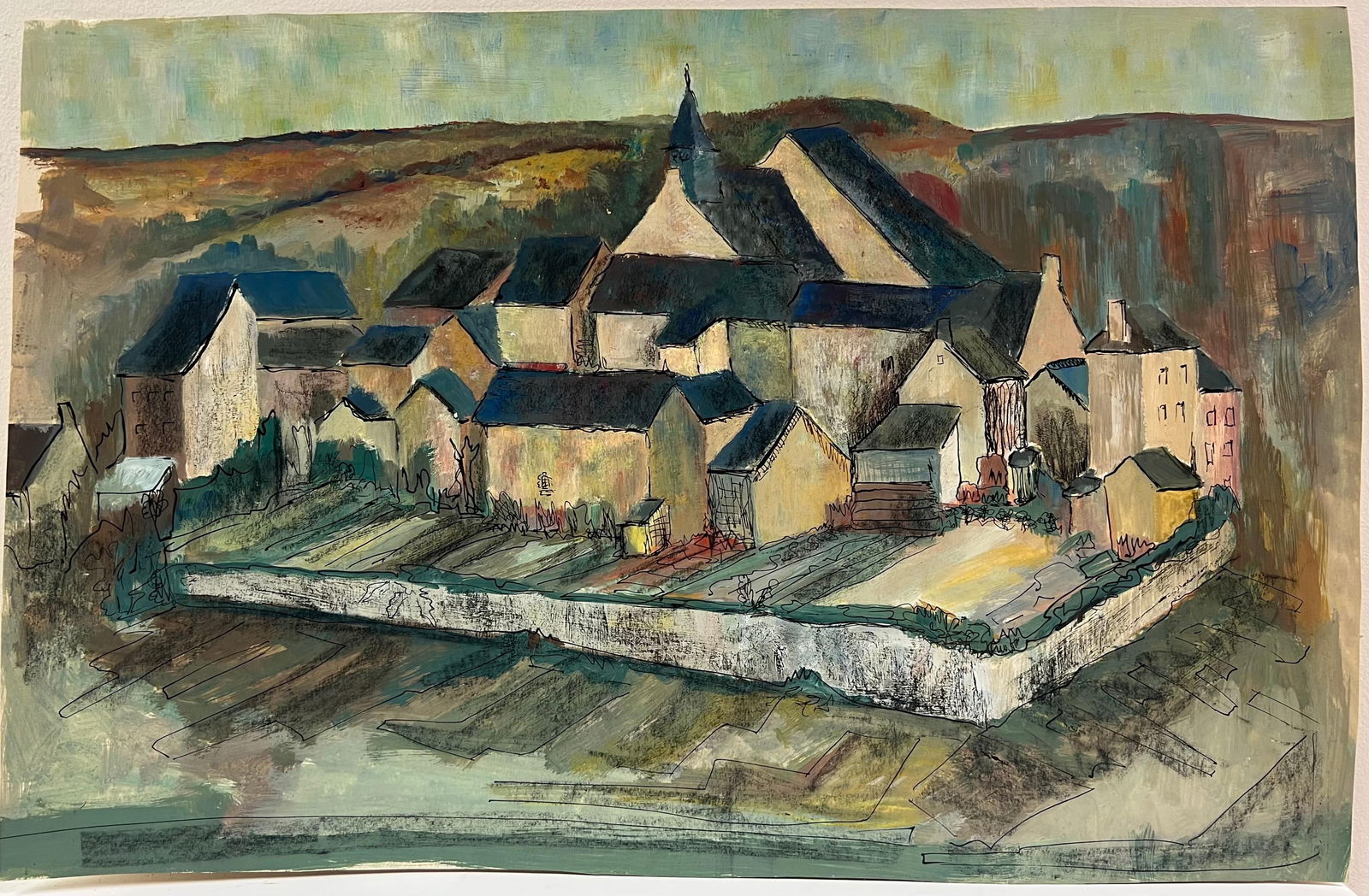 1950's French Enclosed Village with Central Steeple Oil Landscape 1950's - 4