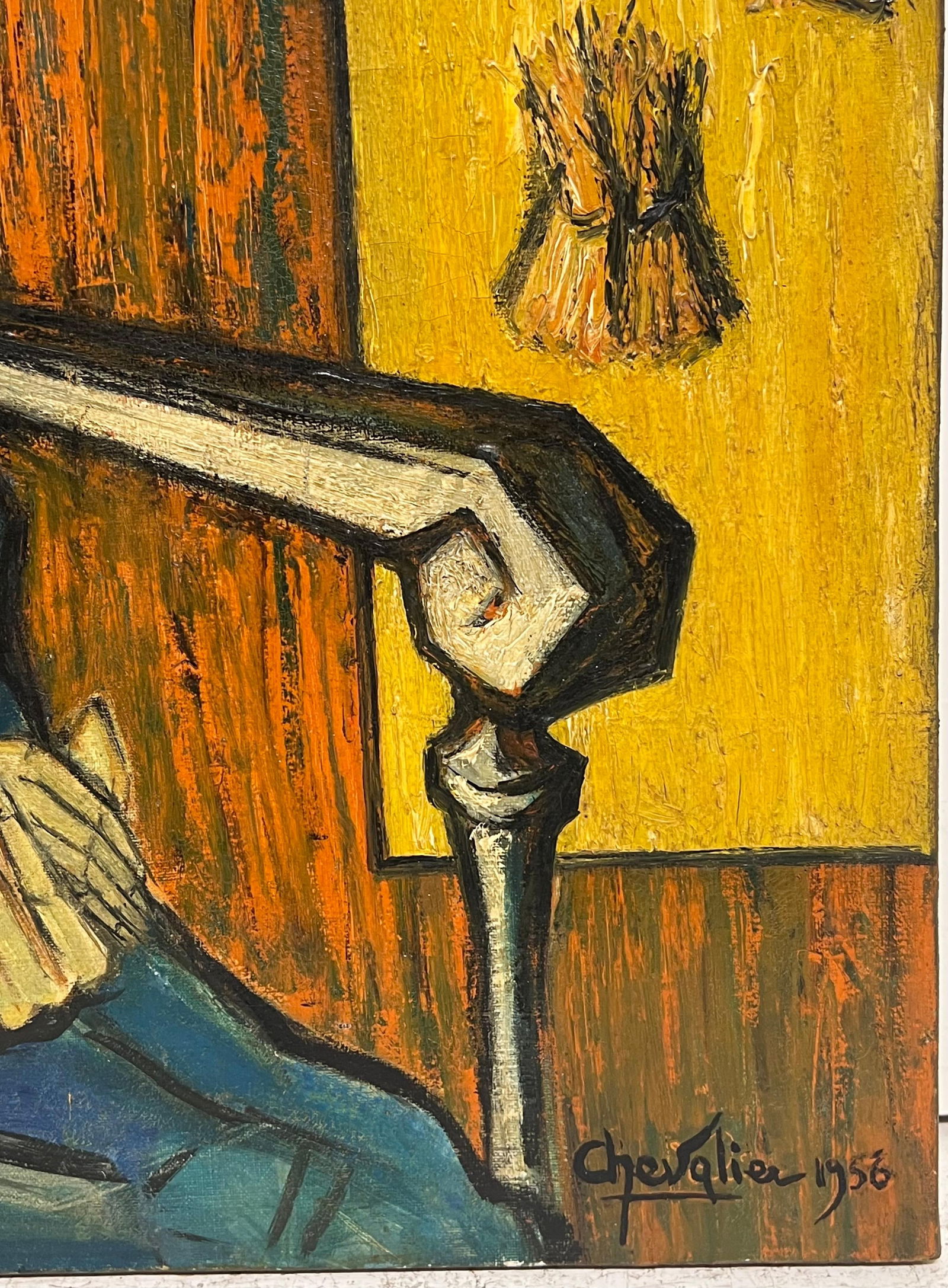 1950's French Expressionist Signed Painting Lady Seated in Chair Harvest Fields 1958 - 6