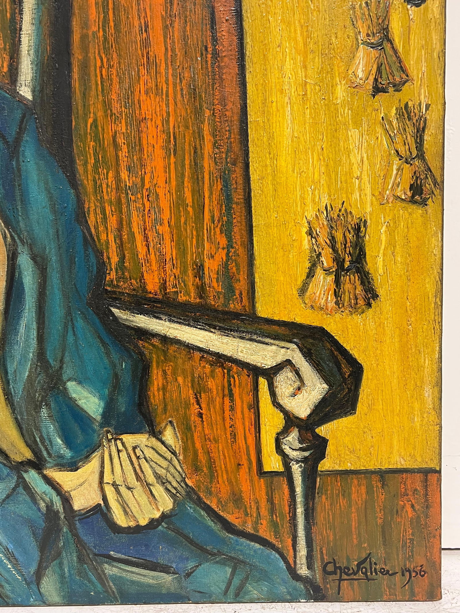1950's French Expressionist Signed Painting Lady Seated in Chair Harvest Fields 1958 - 7
