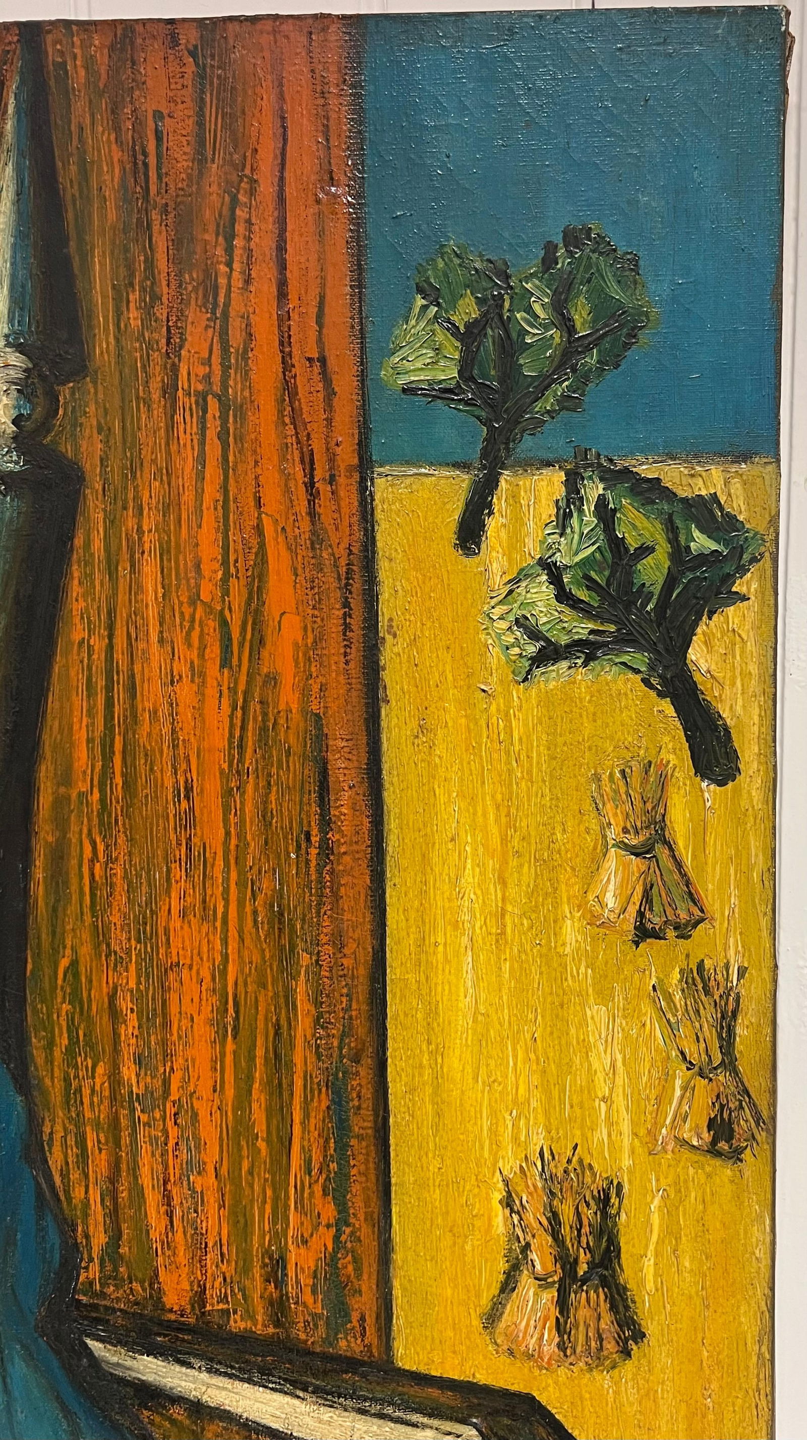 1950's French Expressionist Signed Painting Lady Seated in Chair Harvest Fields 1958 - 8