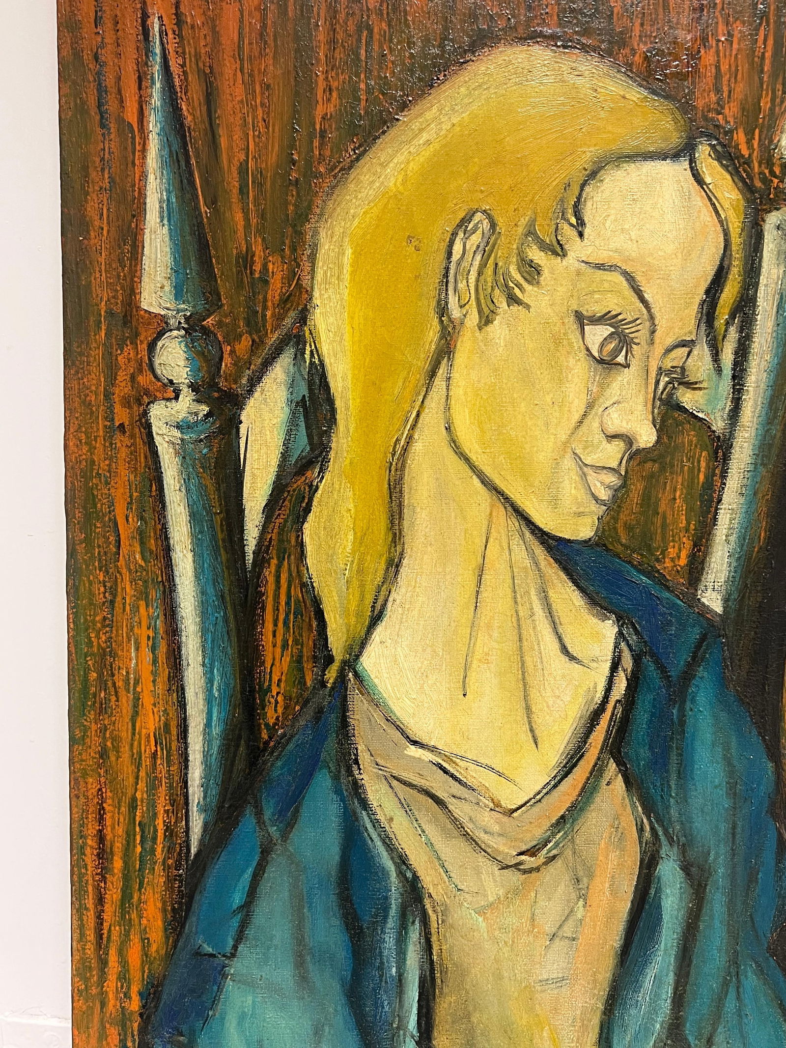 1950's French Expressionist Signed Painting Lady Seated in Chair Harvest Fields 1958 - 10