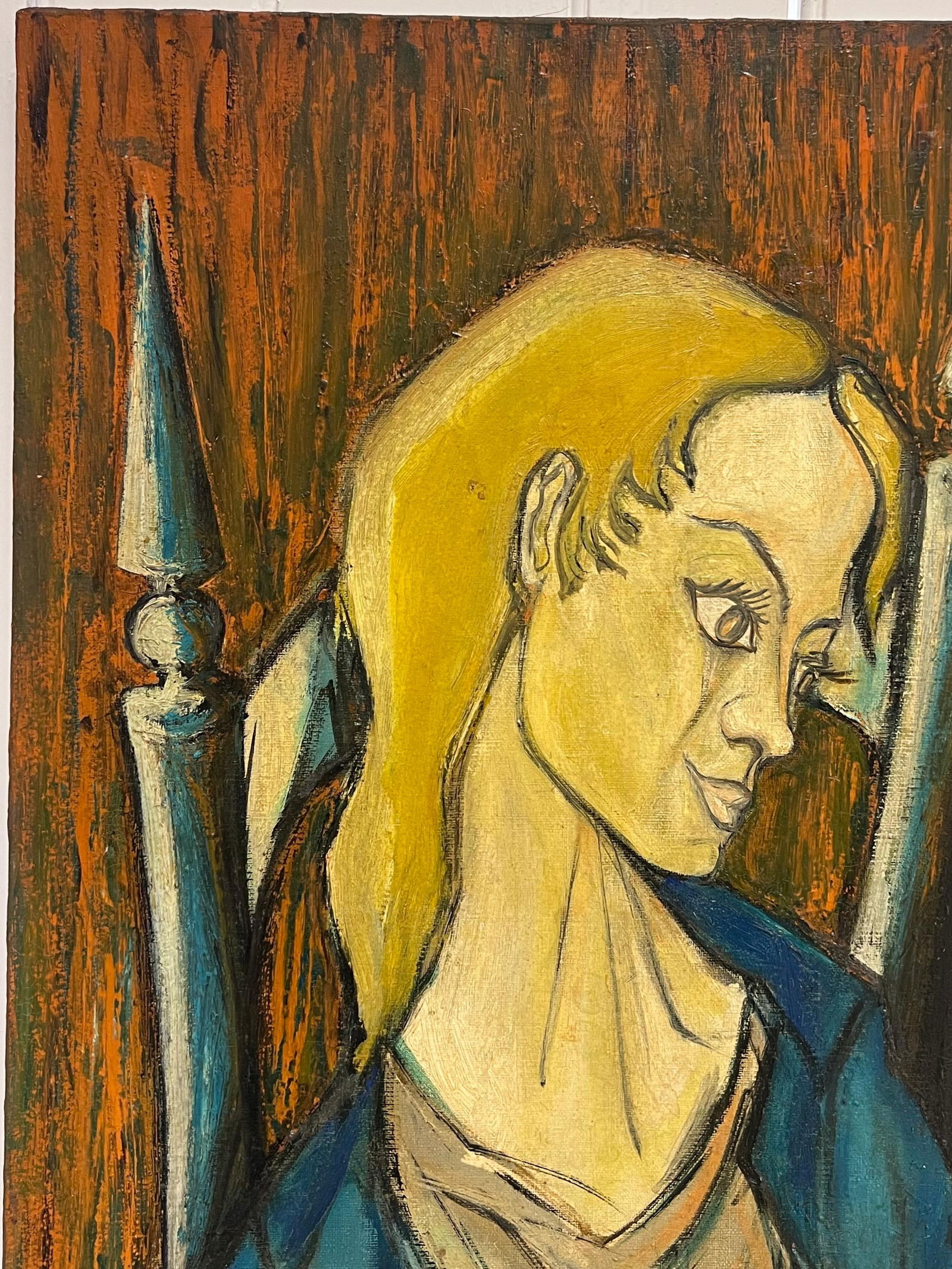 1950's French Expressionist Signed Painting Lady Seated in Chair Harvest Fields 1958 - 11