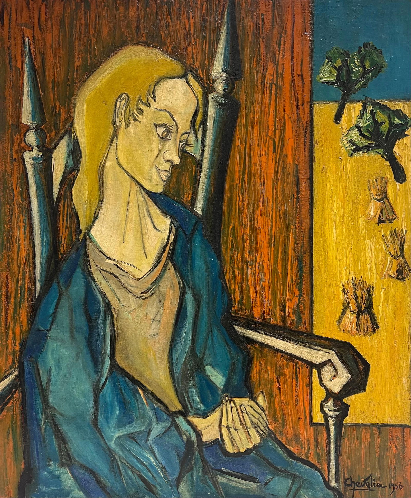 1950's French Expressionist Signed Painting Lady Seated in Chair Harvest Fields 1958: Title: "1950's French Expressionist Signed Painting Lady Seated in Chair Harvest Fields 1958" Description: The Harvest View French artist, 'Chevalier' signed and dated 1958 oil on canvas, unframed