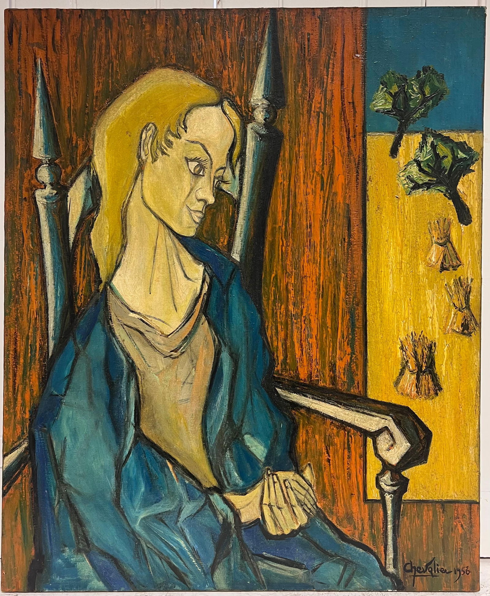 1950's French Expressionist Signed Painting Lady Seated in Chair Harvest Fields 1958 - 4