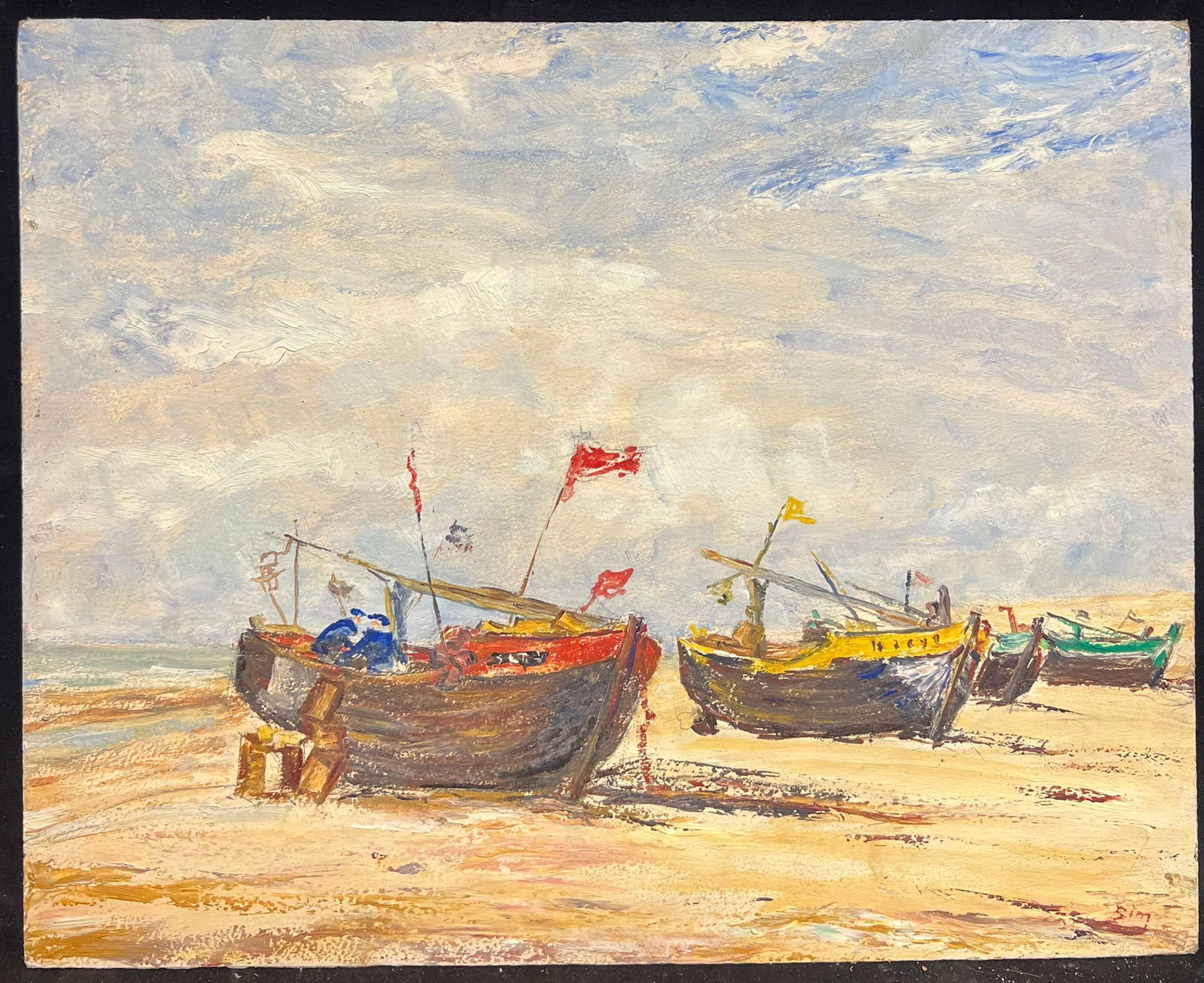 1950's French Impressionist Colorful Fishing Boats Resting on the Beach Oil 19th Century - 13