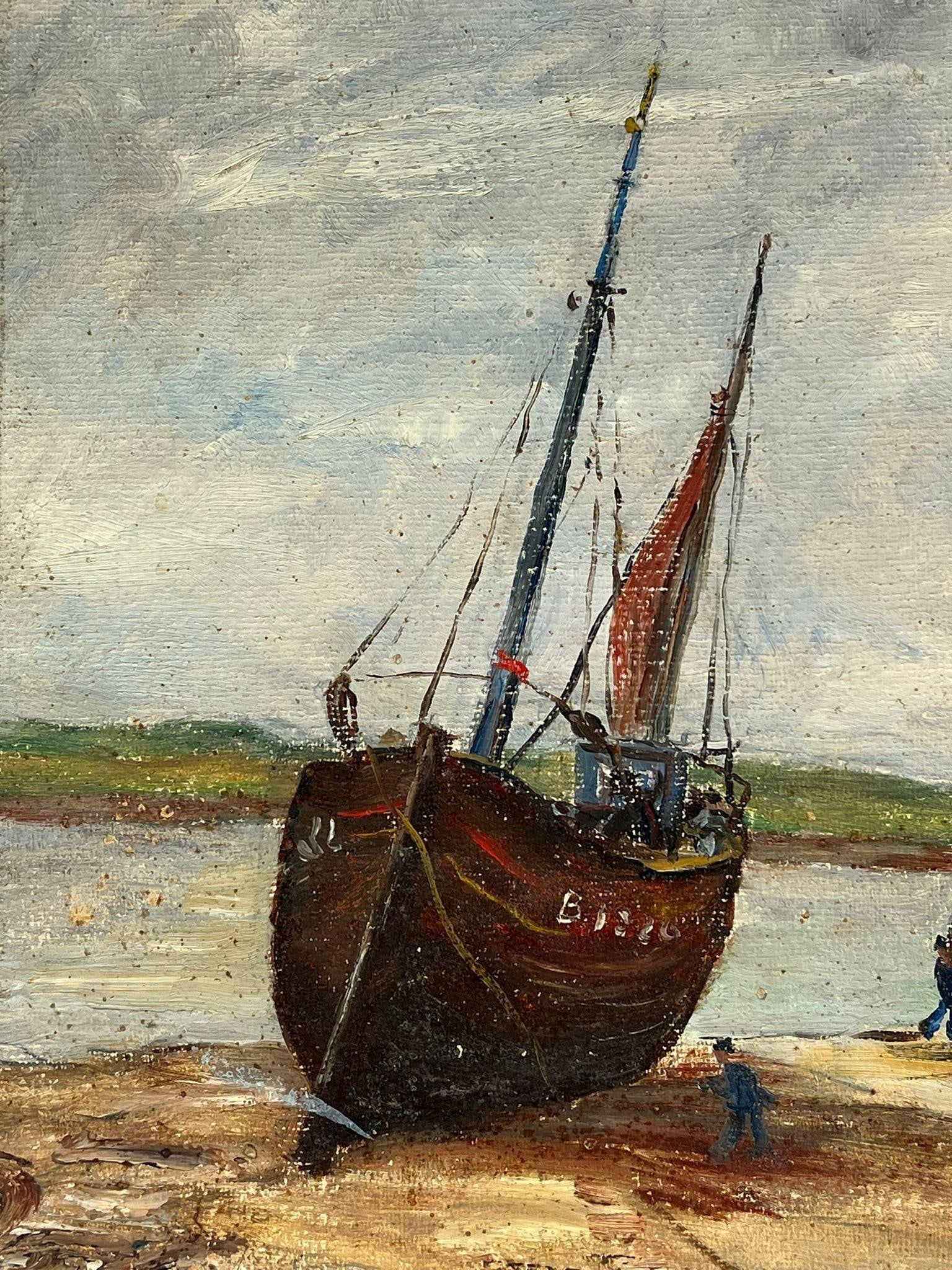 1950's French Impressionist Oil Fishing Boats Anchored Beach Estuary 1950's - 6