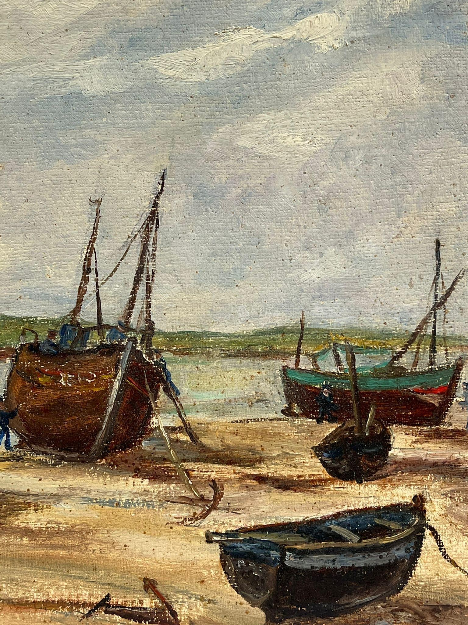 1950's French Impressionist Oil Fishing Boats Anchored Beach Estuary 1950's - 8