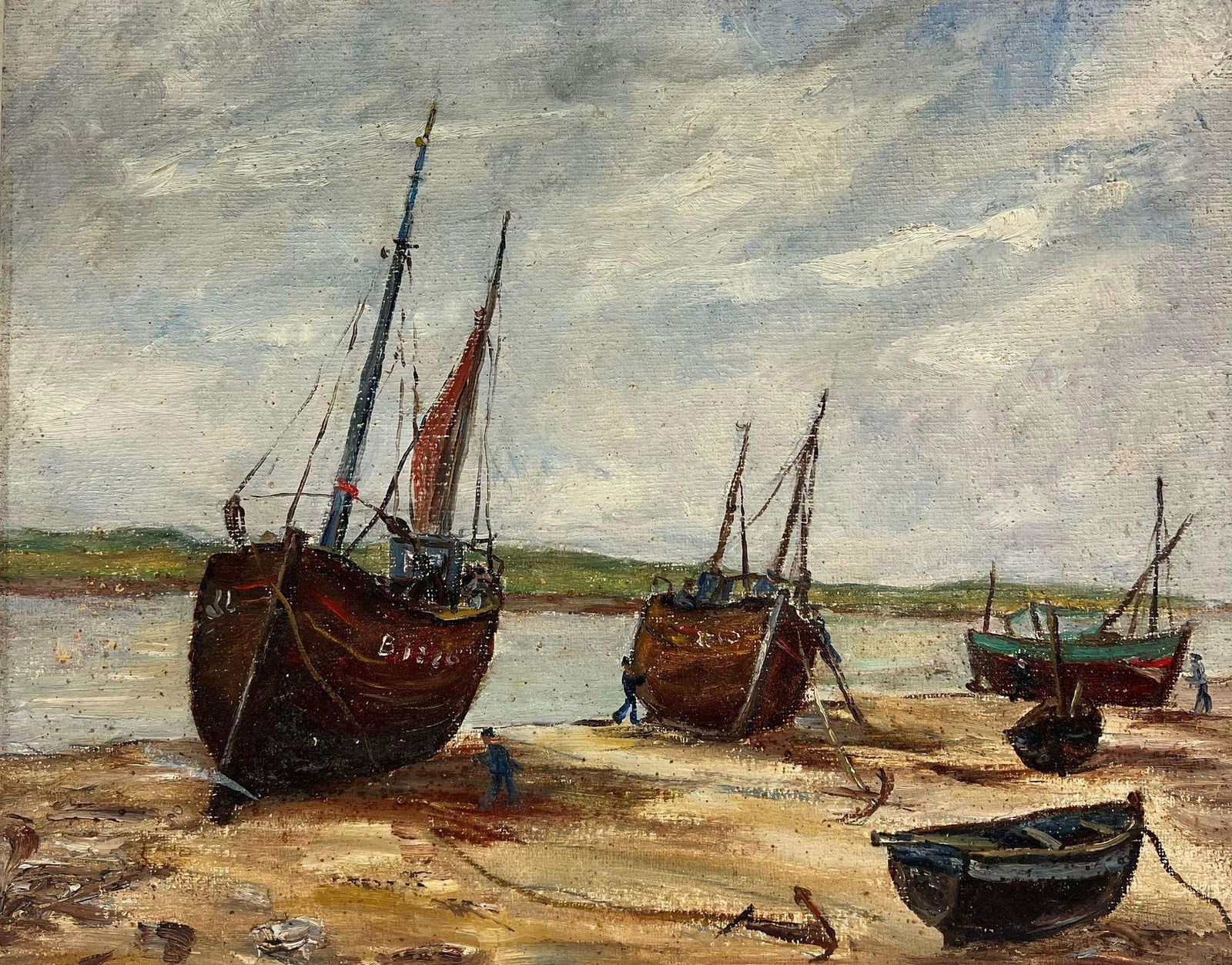1950's French Impressionist Oil Fishing Boats Anchored Beach Estuary 1950's - 11