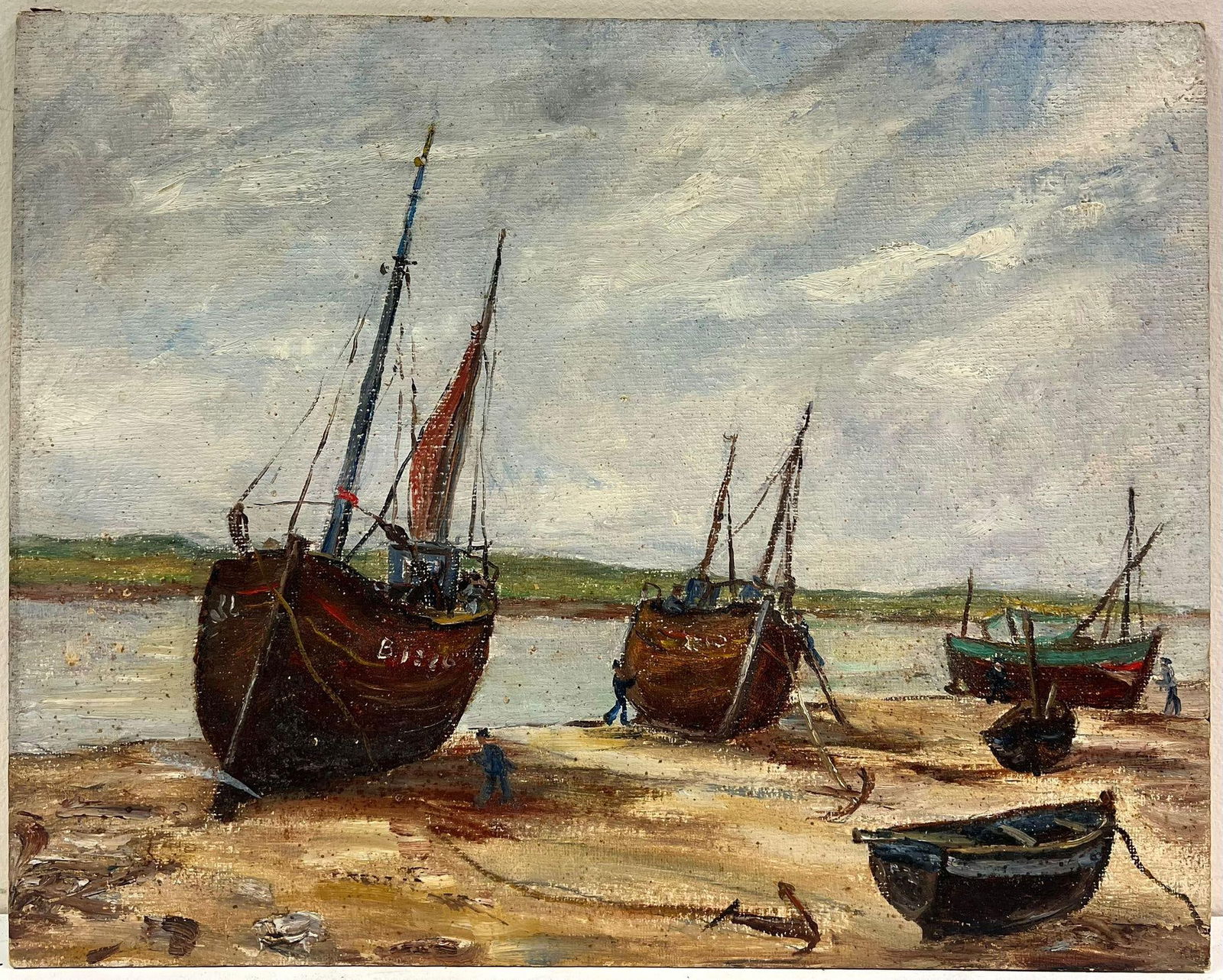 1950's French Impressionist Oil Fishing Boats Anchored Beach Estuary 1950's - 12