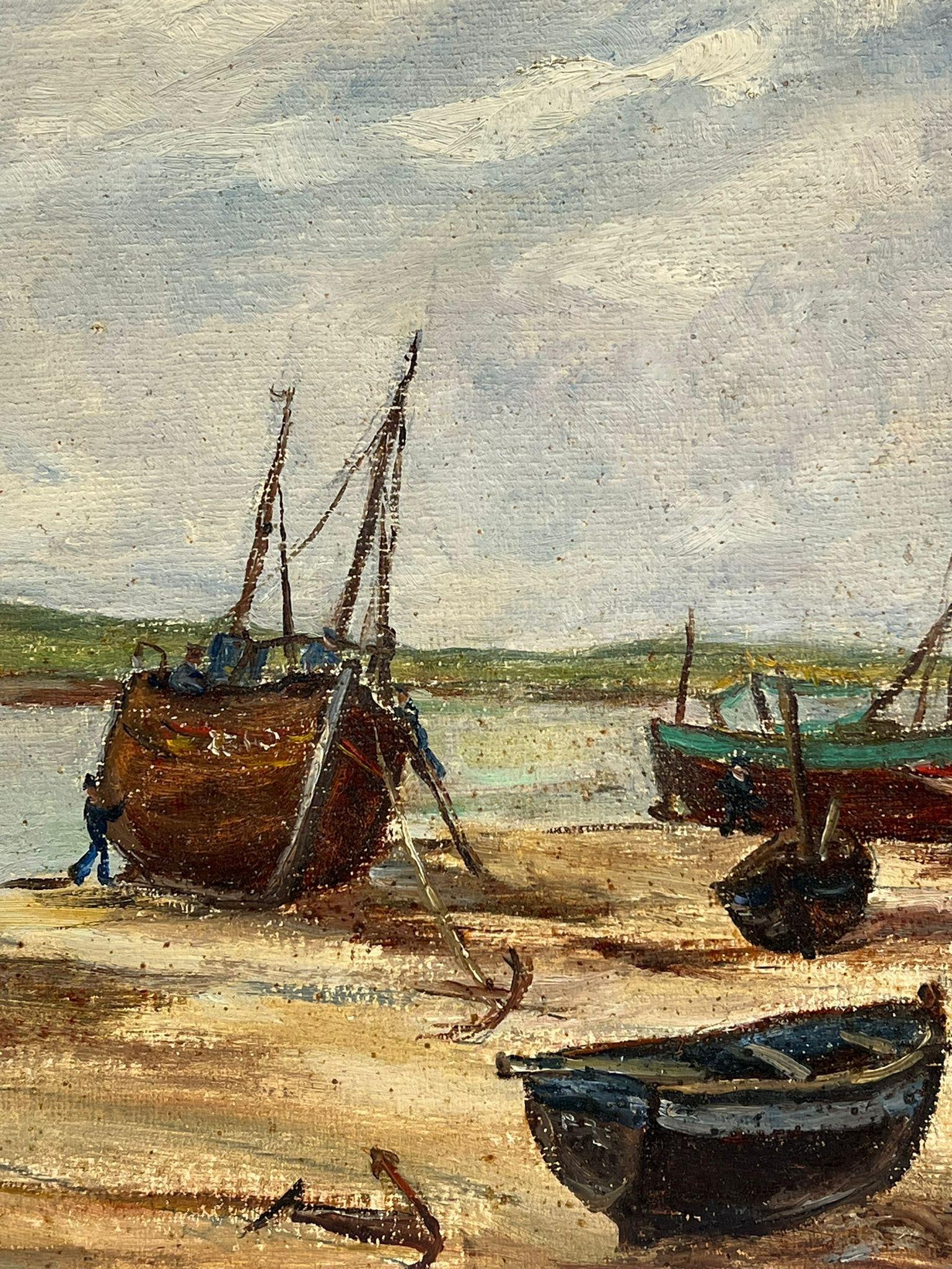 1950's French Impressionist Oil Fishing Boats Anchored Beach Estuary 1950's - 5