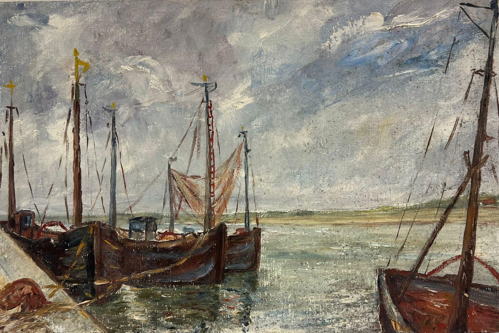 1950's French Impressionist Oil Fishing Boats in Windswept Harbor Scene 19550's - 9