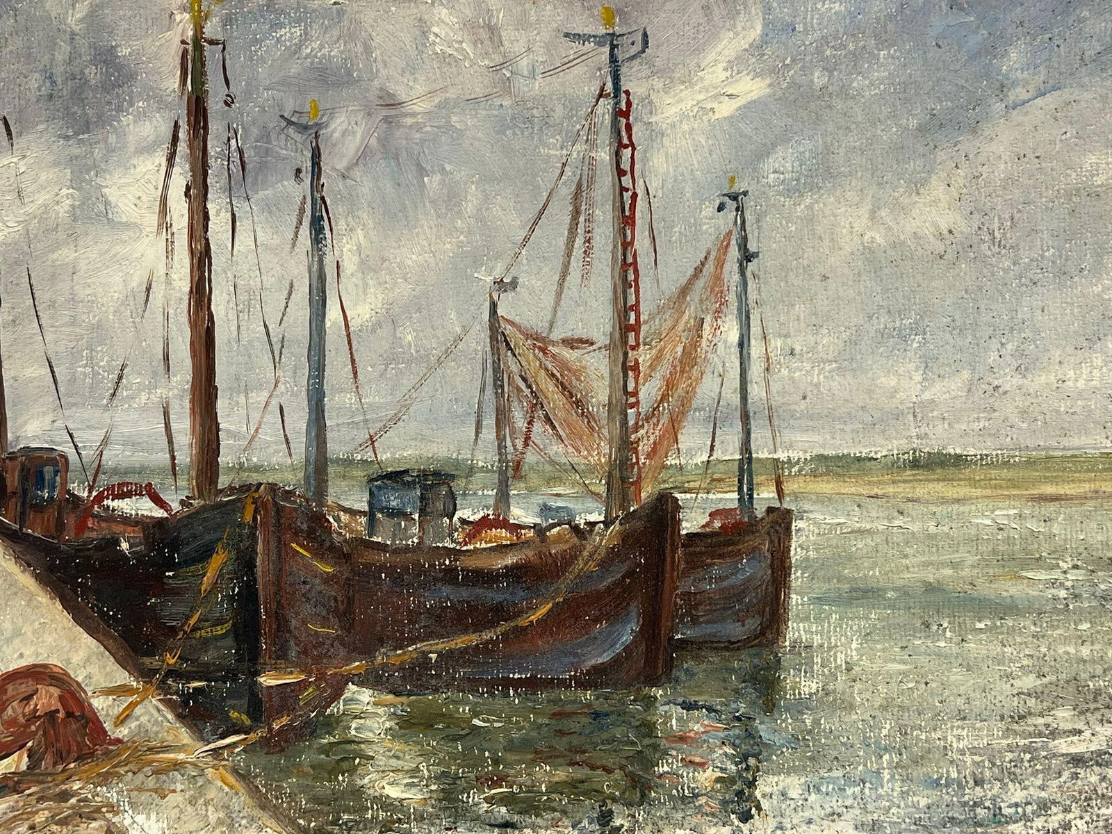 1950's French Impressionist Oil Fishing Boats in Windswept Harbor Scene 19550's - 2