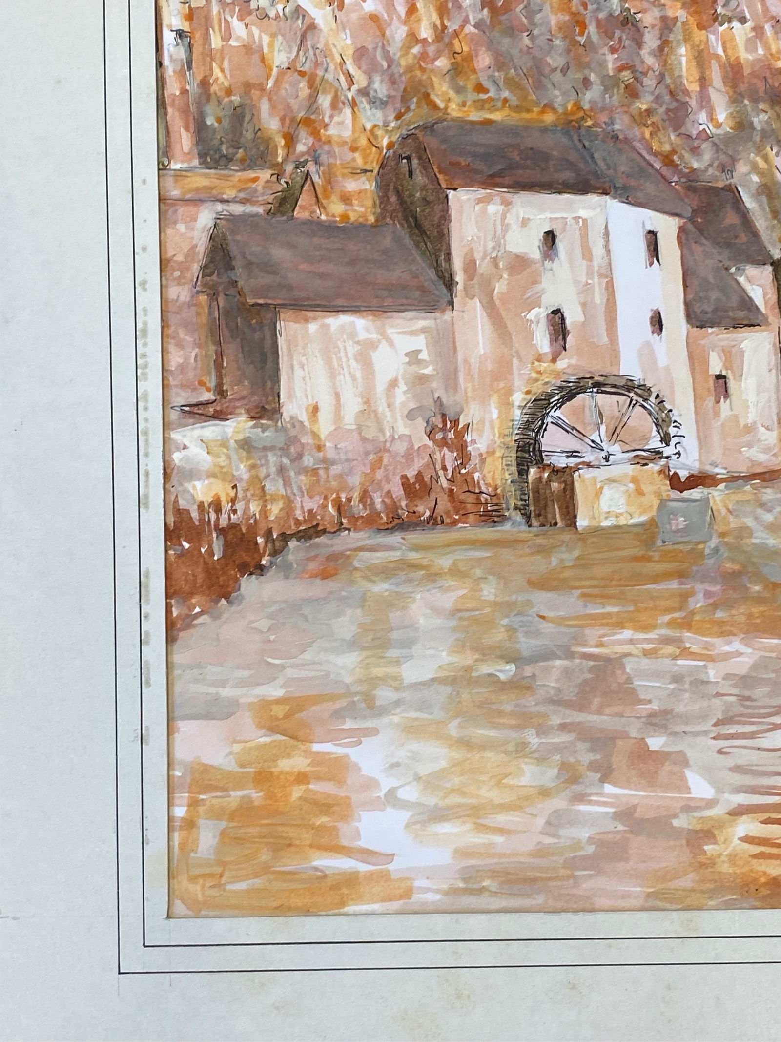 1950's French Modernist / Cubist Painting Signed, Orange and Pink Landscape 1950 - 7